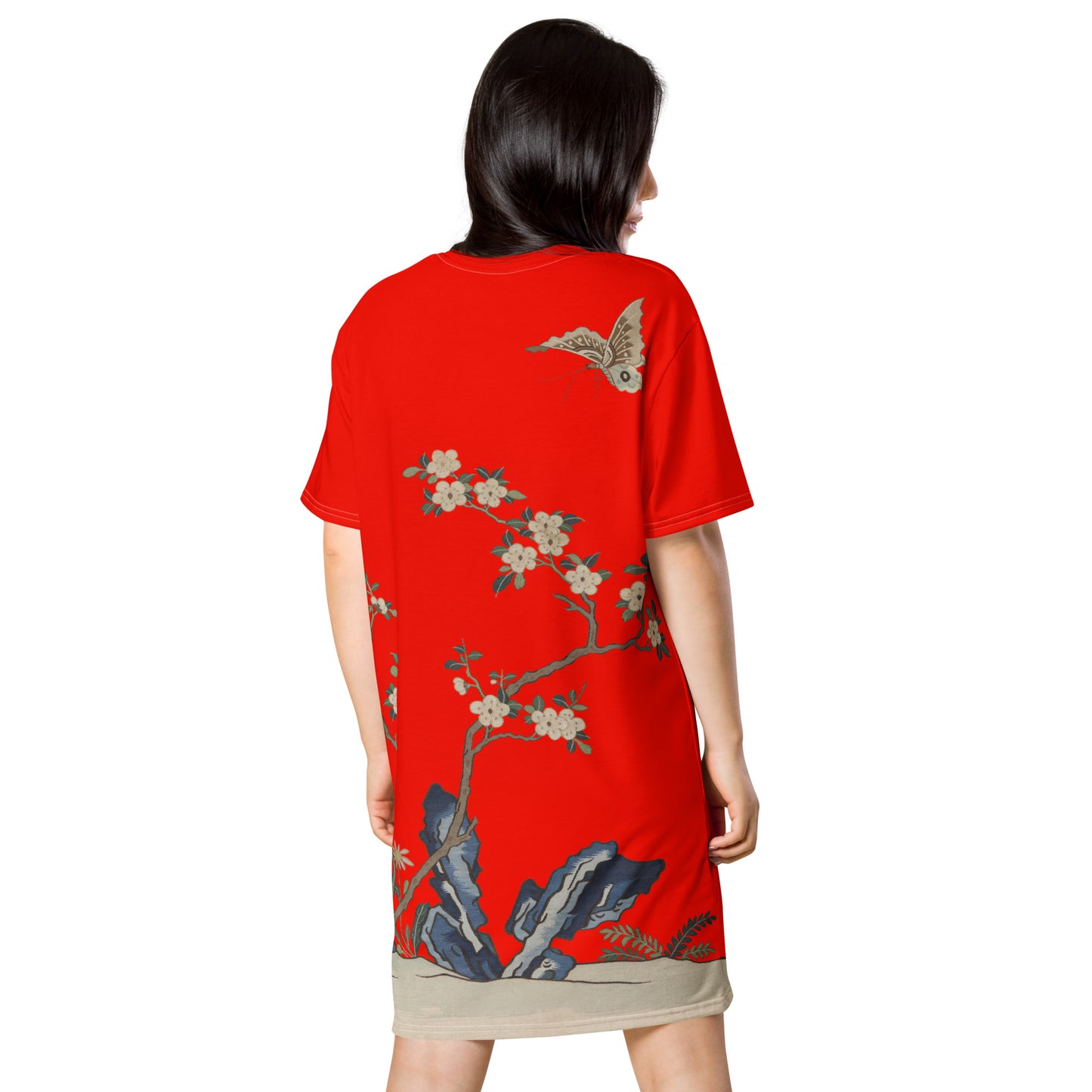 Kesi Flower Album｜White Plum Blossoms and Butterfly｜T-shirt dress｜Garnet red