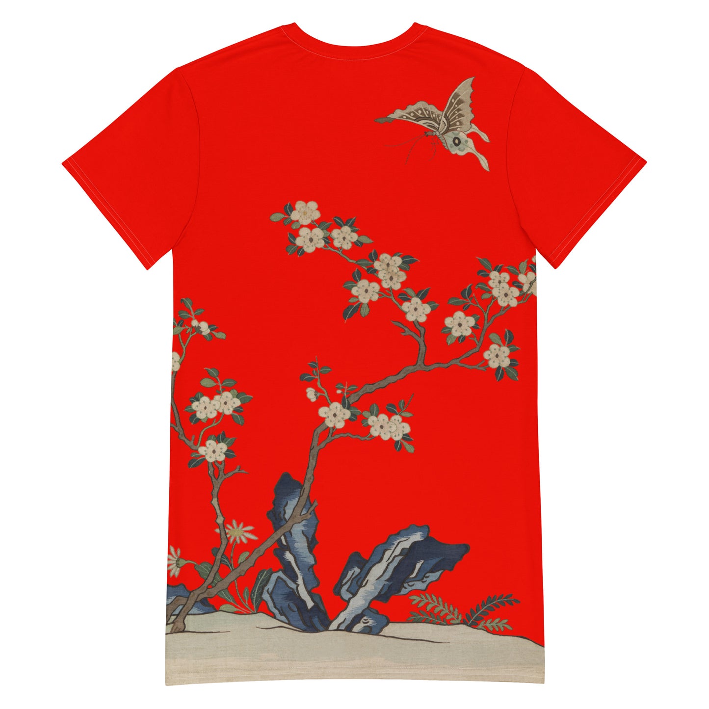 Kesi Flower Album｜White Plum Blossoms and Butterfly｜T-shirt dress｜Garnet red