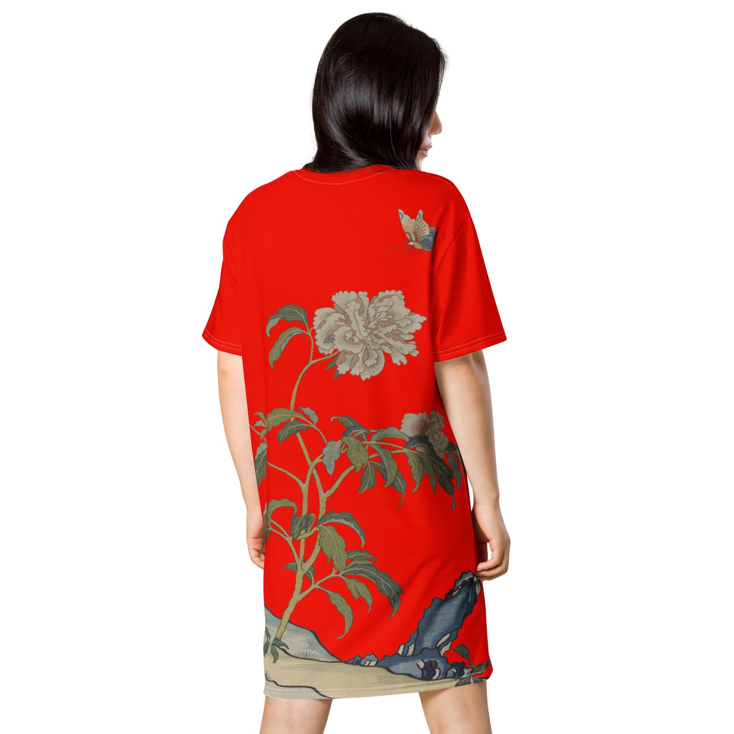 Kesi Flower Album｜Peonies and Butterfly｜T-shirt dress｜Garnet red