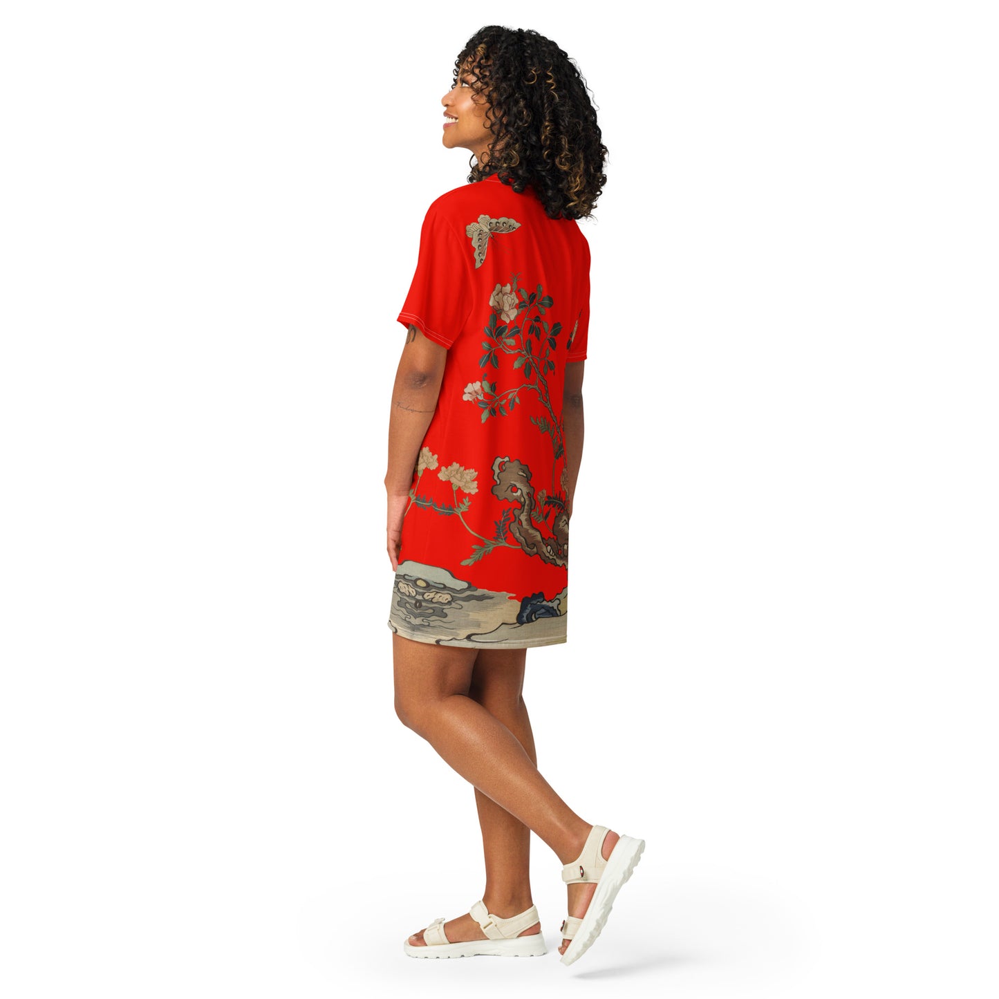 Kesi Flower Album｜Camellia and Butterfly｜T-shirt dress｜Garnet red