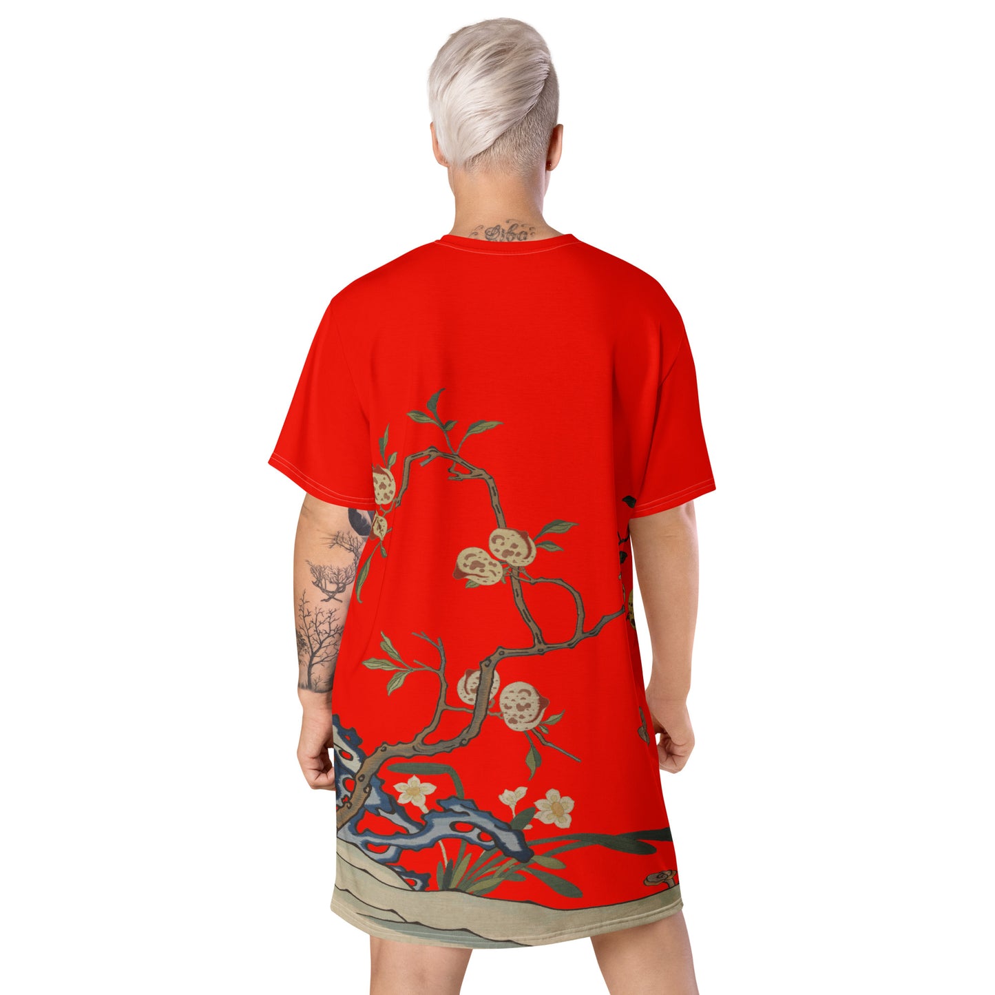 Kesi Flower Album｜Narcissus and Peaches｜T-shirt dress｜Garnet red