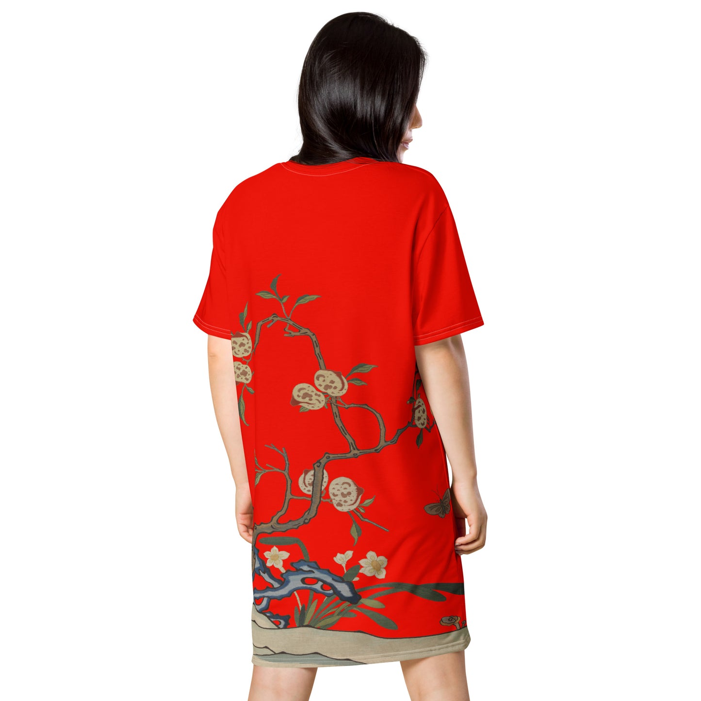 Kesi Flower Album｜Narcissus and Peaches｜T-shirt dress｜Garnet red