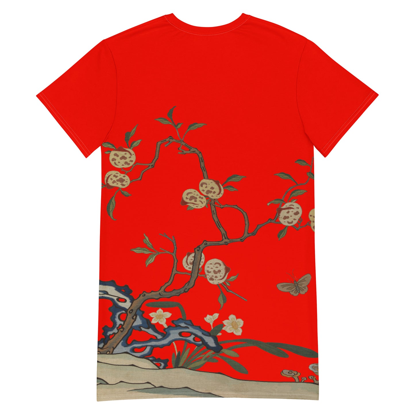 Kesi Flower Album｜Narcissus and Peaches｜T-shirt dress｜Garnet red