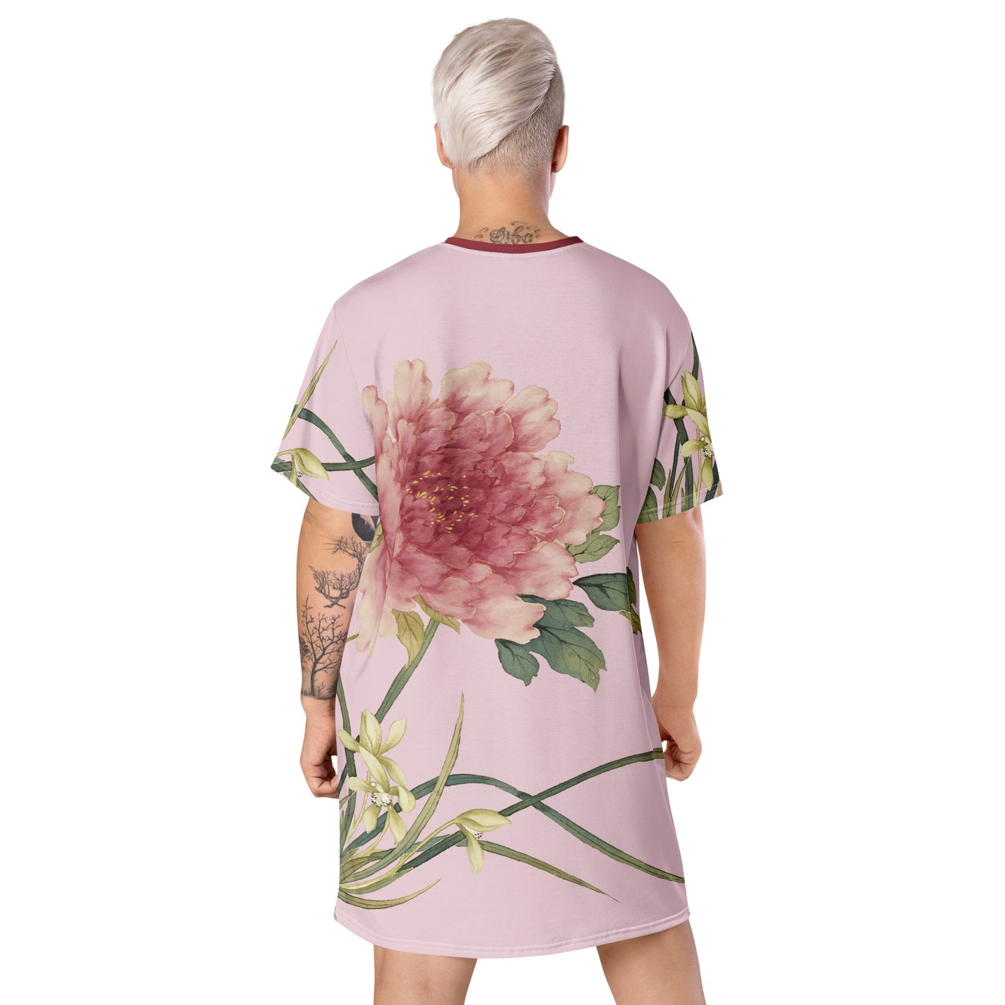 The Spirit of Flowers in Twelve Months｜Orchid and Tree Peony in Bloom｜T-shirt dress｜Pale pinkish gray