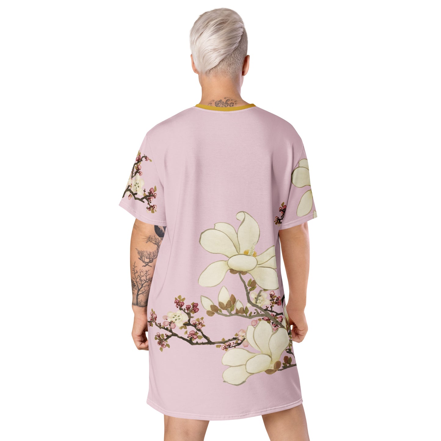 12月の花神様｜Apricot and Lily Magnolia in Blossom｜Tシャツドレス｜Pale pinkish gray