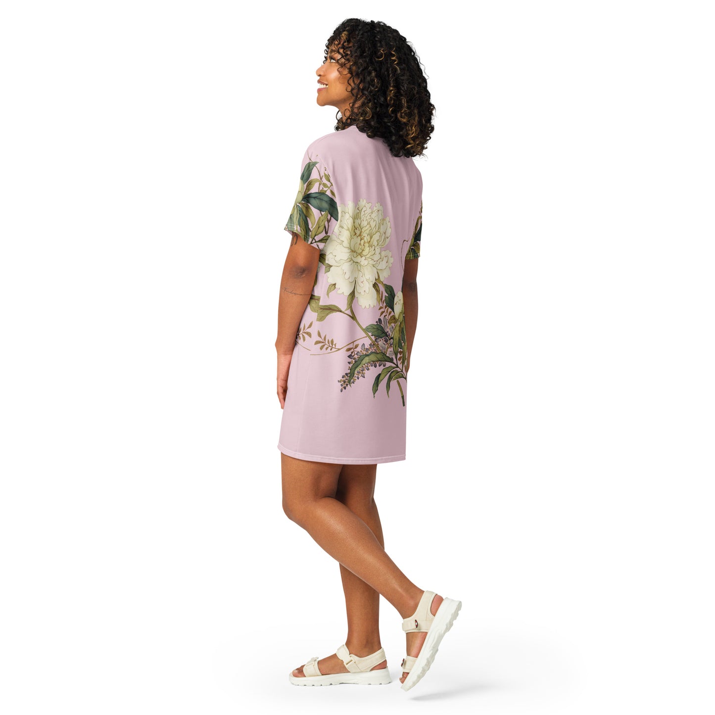 The Spirit of Flowers in Twelve Months｜Chinese Peony and Wisteria in Bloom｜T-shirt dress｜Pale pinkish gray