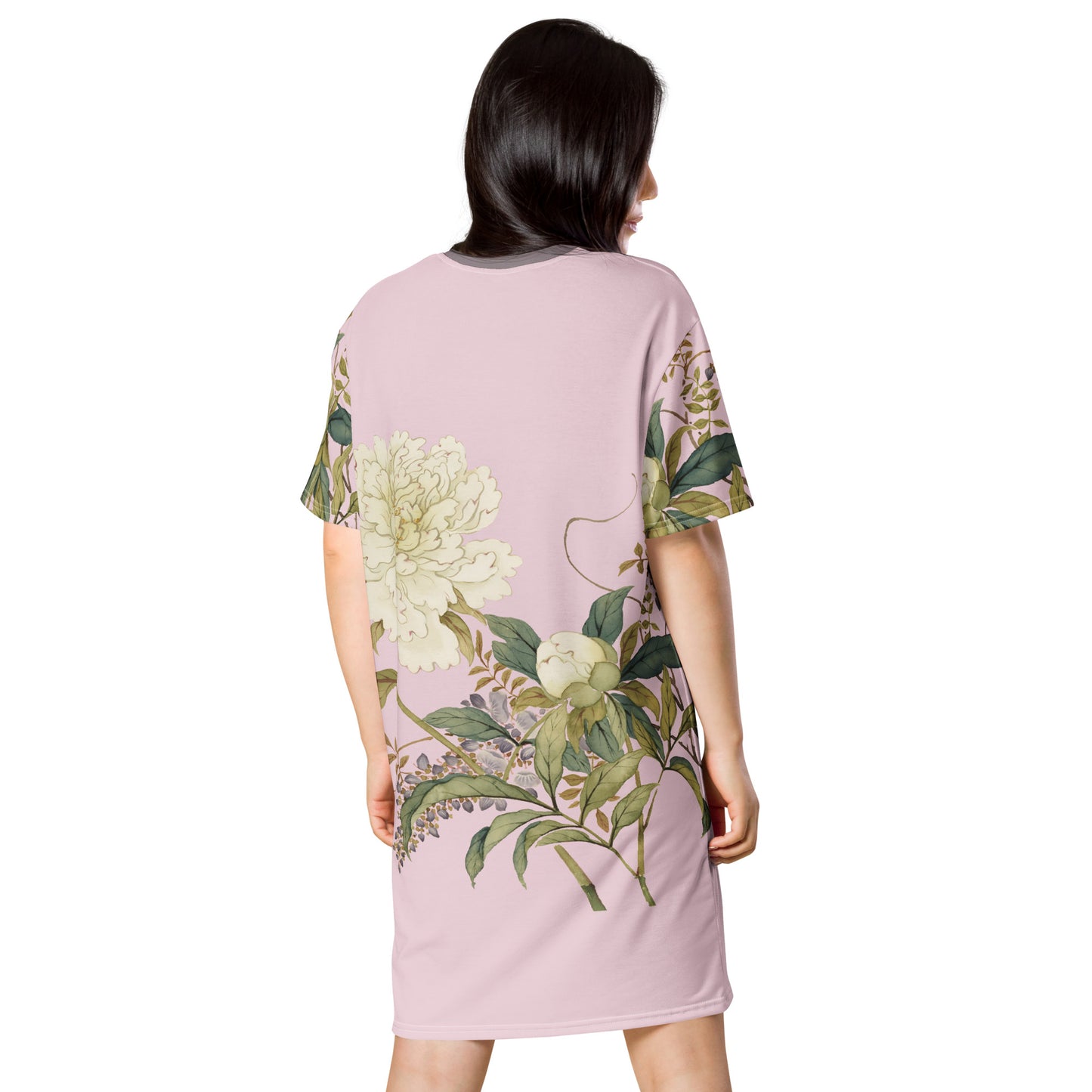 The Spirit of Flowers in Twelve Months｜Chinese Peony and Wisteria in Bloom｜T-shirt dress｜Pale pinkish gray