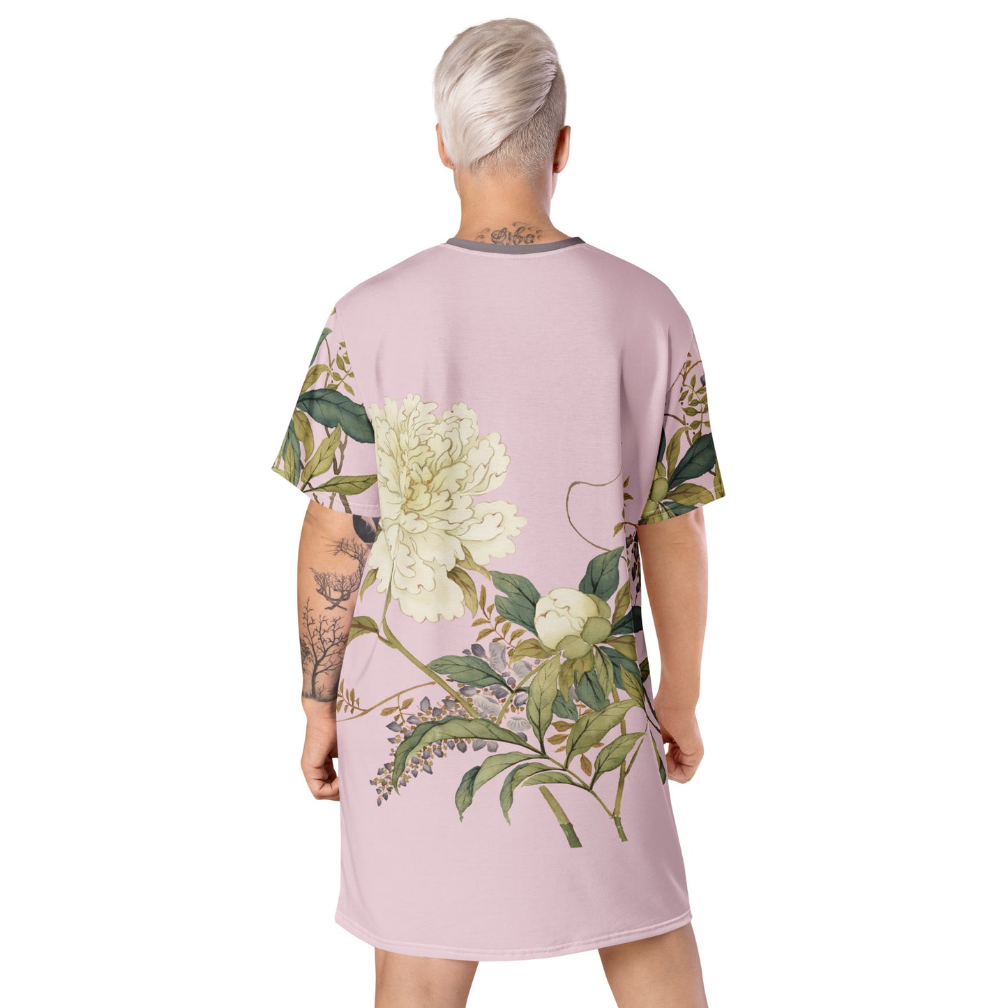 The Spirit of Flowers in Twelve Months｜Chinese Peony and Wisteria in Bloom｜T-shirt dress｜Pale pinkish gray