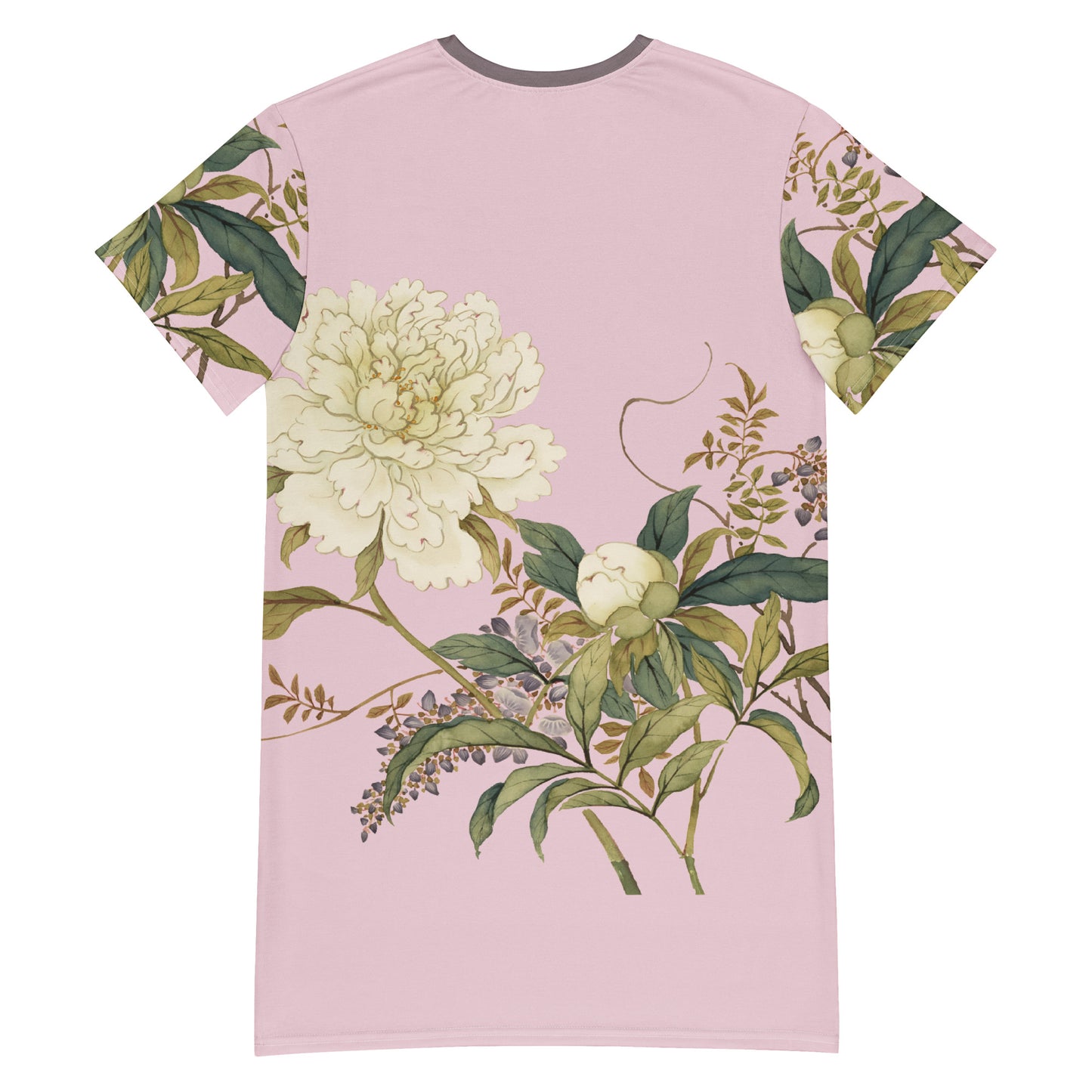 The Spirit of Flowers in Twelve Months｜Chinese Peony and Wisteria in Bloom｜T-shirt dress｜Pale pinkish gray