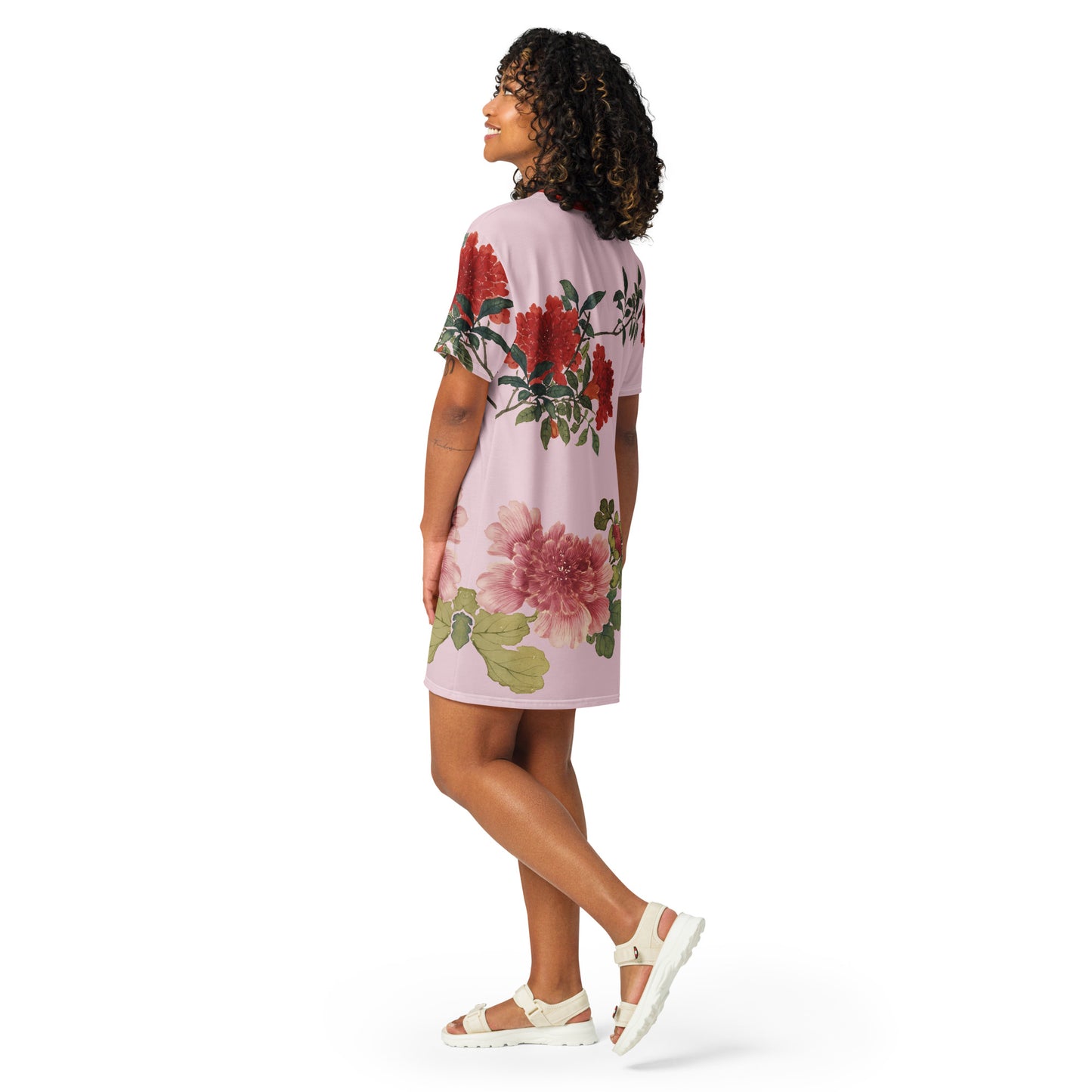 The Spirit of Flowers in Twelve Months｜Hollyhock and Pomegranate in Bloom｜T-shirt dress｜Pale pinkish gray