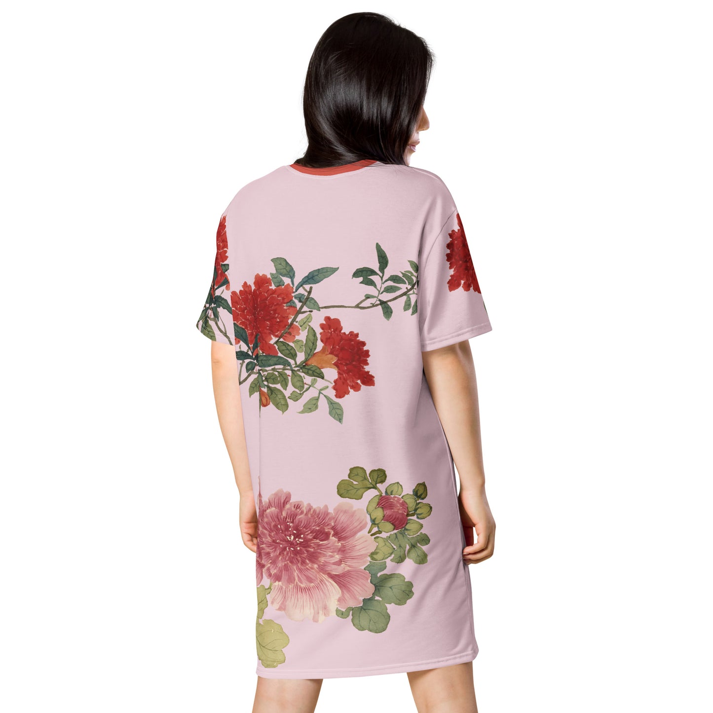 The Spirit of Flowers in Twelve Months｜Hollyhock and Pomegranate in Bloom｜T-shirt dress｜Pale pinkish gray