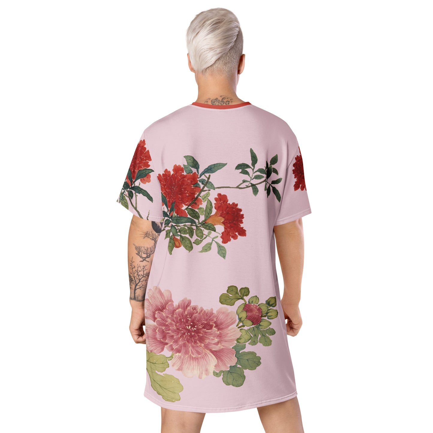 The Spirit of Flowers in Twelve Months｜Hollyhock and Pomegranate in Bloom｜T-shirt dress｜Pale pinkish gray