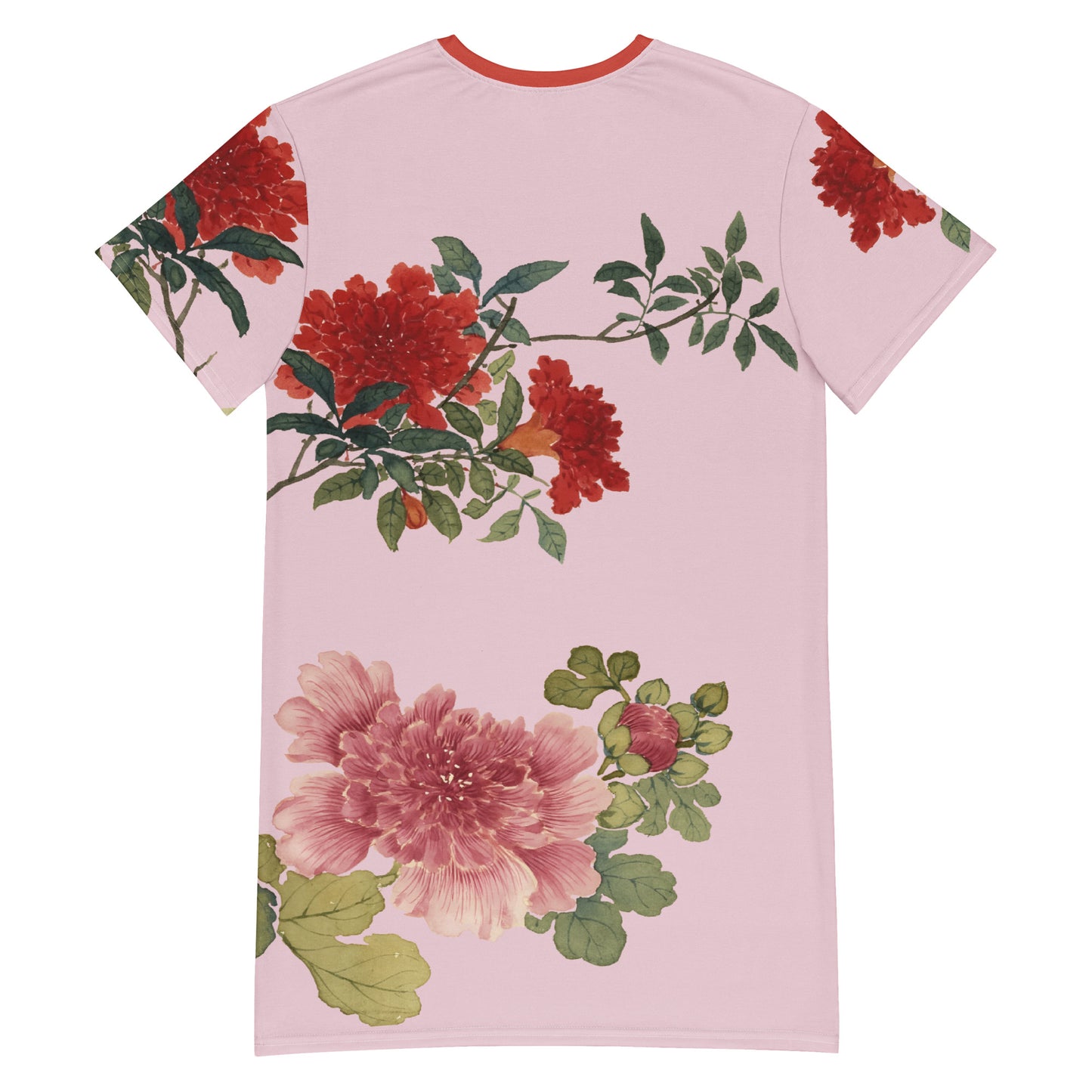 The Spirit of Flowers in Twelve Months｜Hollyhock and Pomegranate in Bloom｜T-shirt dress｜Pale pinkish gray