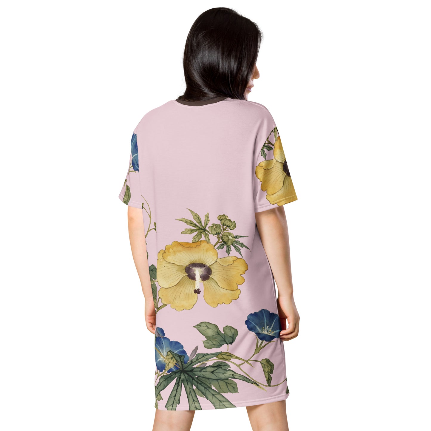 The Spirit of Flowers in Twelve Months｜Okra and White-edged Morning Glory in Bloom｜T-shirt dress｜Pale pinkish gray