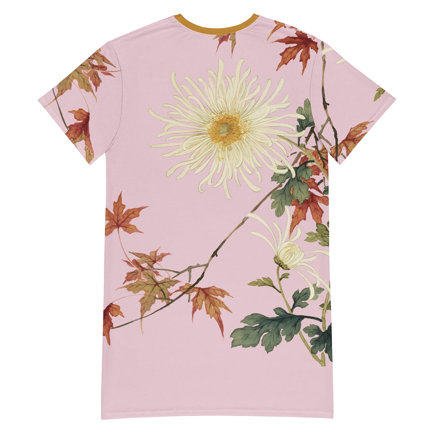 12月の花神様｜Blooming Chrysanthemum and Maple Leaves｜T-shirt dress｜Pale pinkish gray