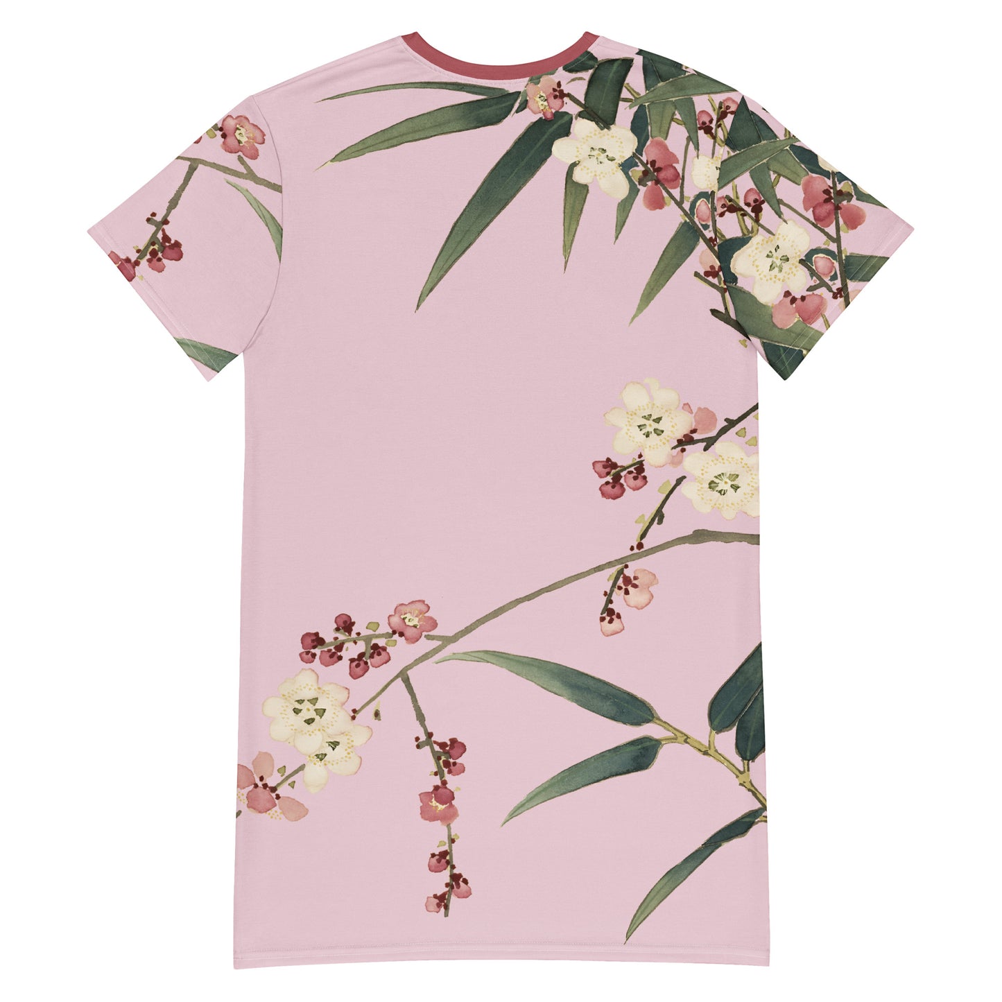 The Spirit of Flowers in Twelve Months｜Crimson Plum Blossom and Lush Green Bamboo｜T-shirt dress｜Pale pinkish gray