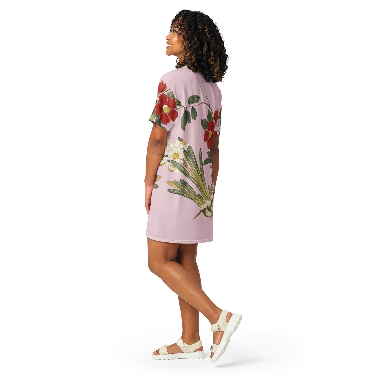 The Spirit of Flowers in Twelve Months｜Narcissus and Camelia in Bloom｜T-shirt dress｜Pale pinkish gray