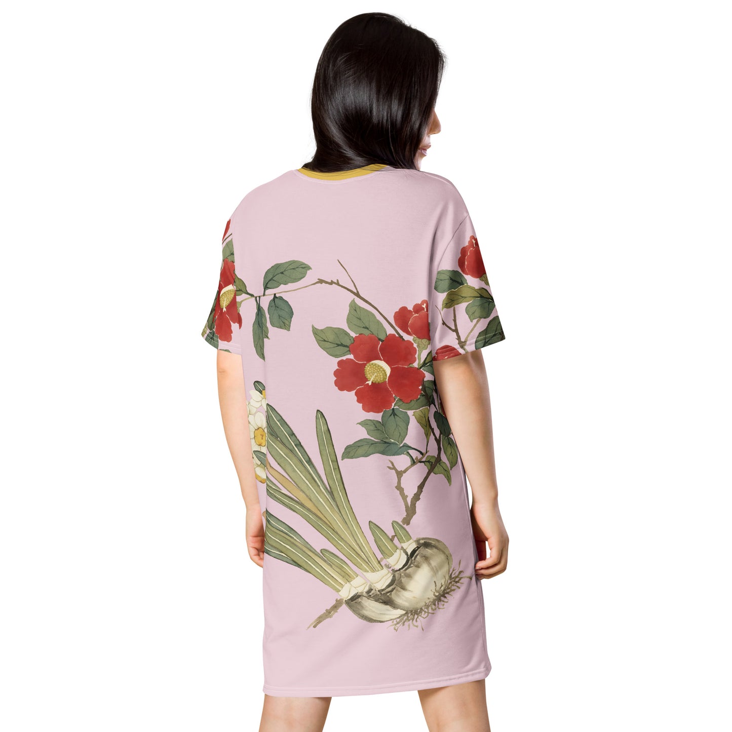 The Spirit of Flowers in Twelve Months｜Narcissus and Camelia in Bloom｜T-shirt dress｜Pale pinkish gray