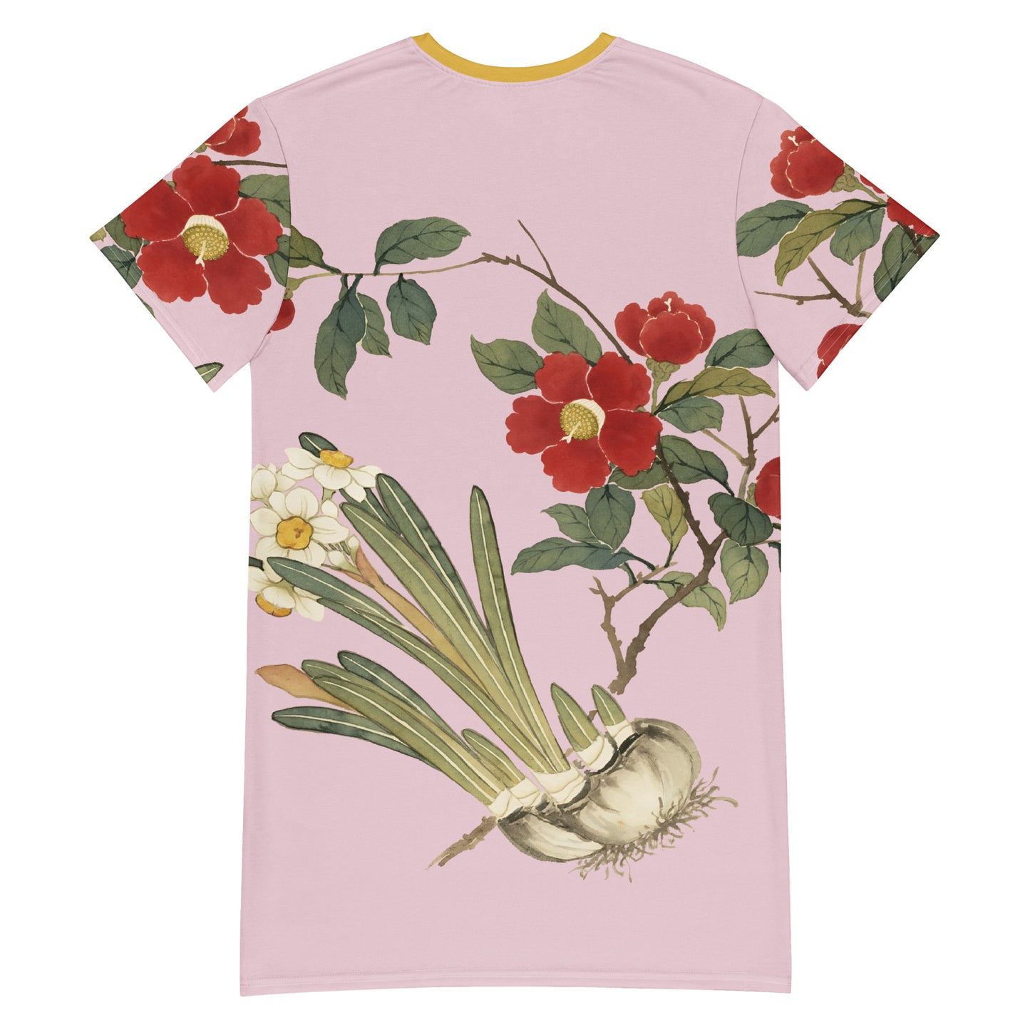 The Spirit of Flowers in Twelve Months｜Narcissus and Camelia in Bloom｜T-shirt dress｜Pale pinkish gray