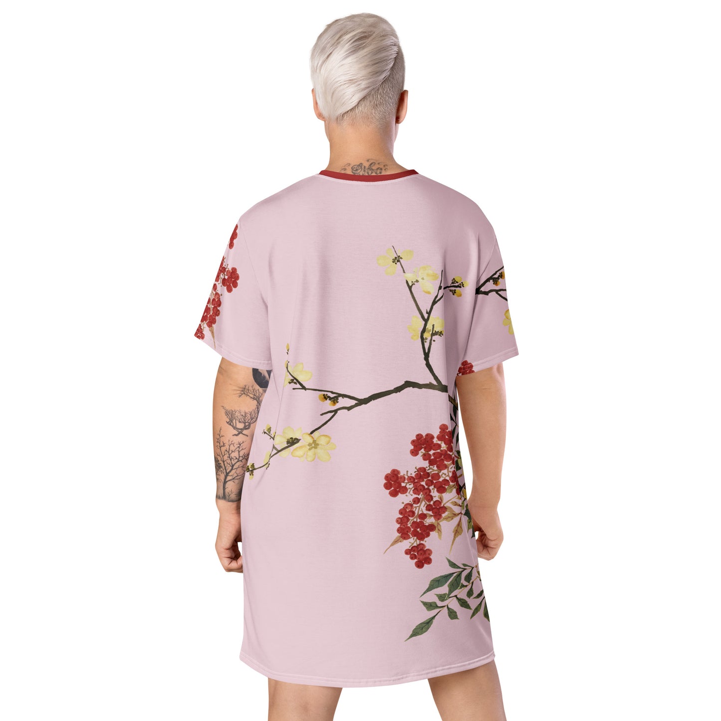 The Spirit of Flowers in Twelve Months｜Blooming Wintersweet and Heavenly Bamboo｜T-shirt dress｜Pale pinkish gray