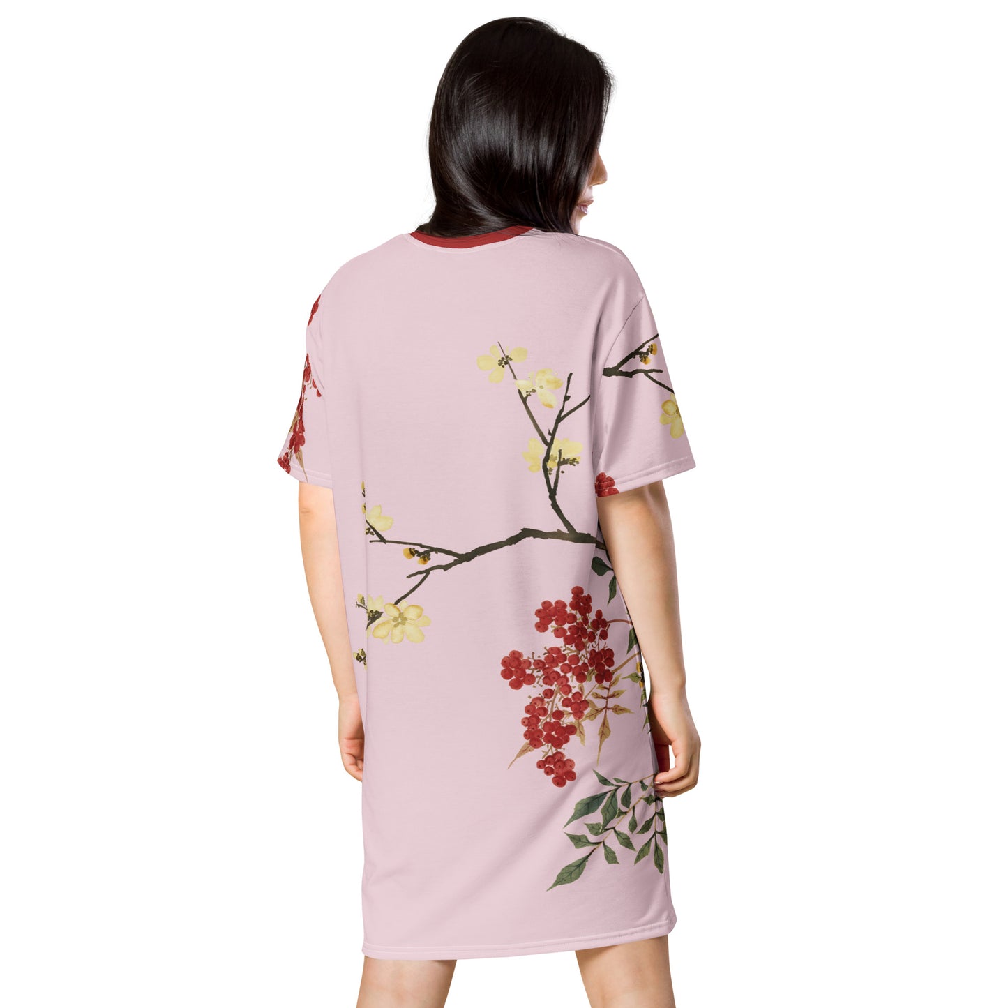 The Spirit of Flowers in Twelve Months｜Blooming Wintersweet and Heavenly Bamboo｜T-shirt dress｜Pale pinkish gray