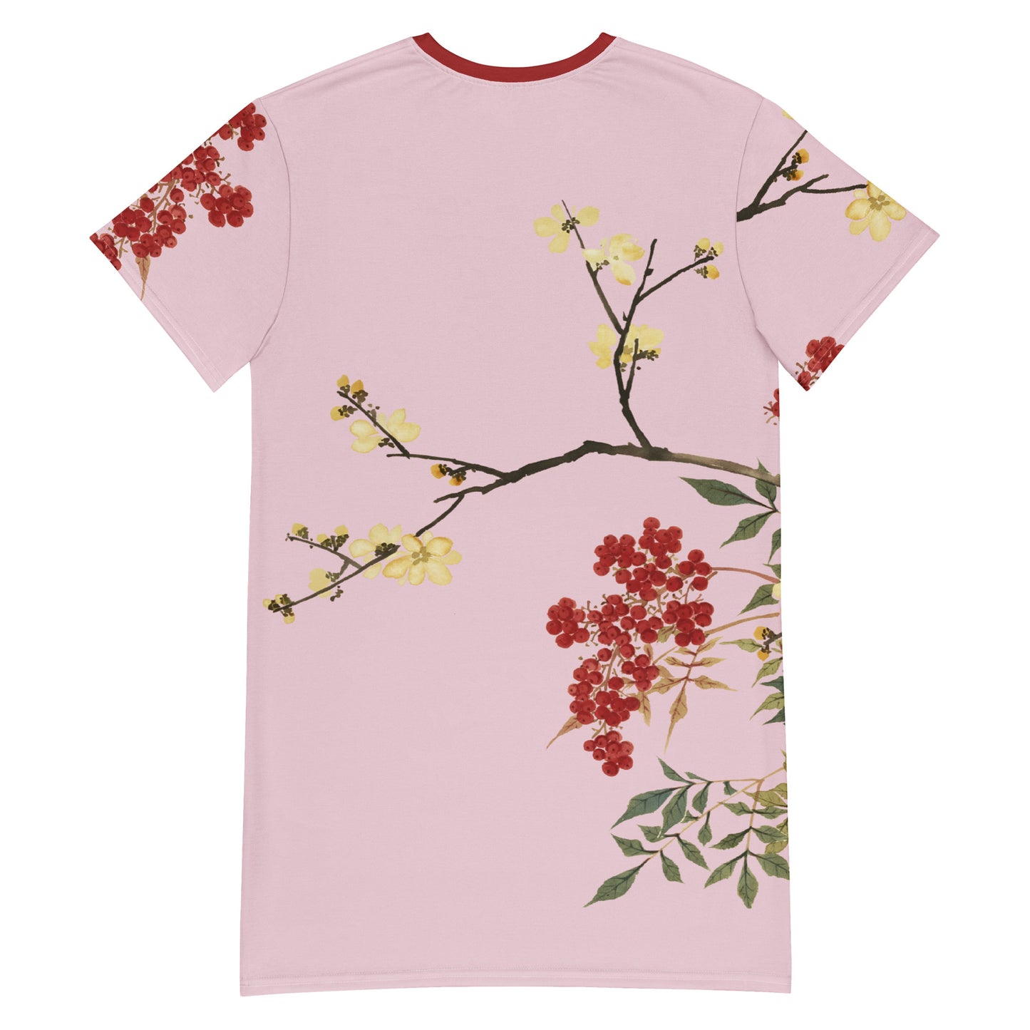 The Spirit of Flowers in Twelve Months｜Blooming Wintersweet and Heavenly Bamboo｜T-shirt dress｜Pale pinkish gray