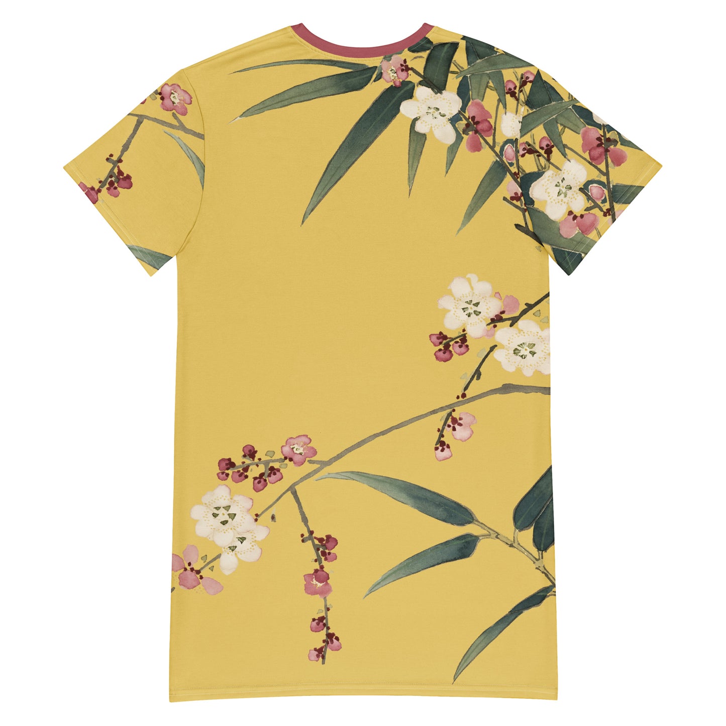 The Spirit of Flowers in Twelve Months｜Crimson Plum Blossom and Lush Green Bamboo｜T-shirt dress｜Gold