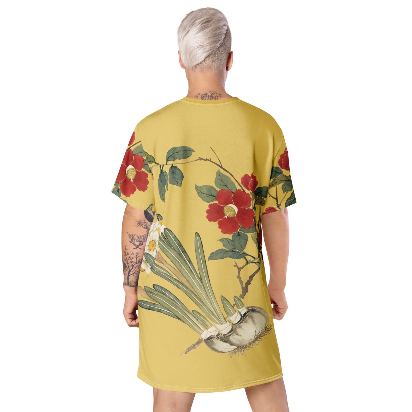 12月の花神様｜Narcissus and Camelia in Bloom｜Tシャツドレス｜ゴールド