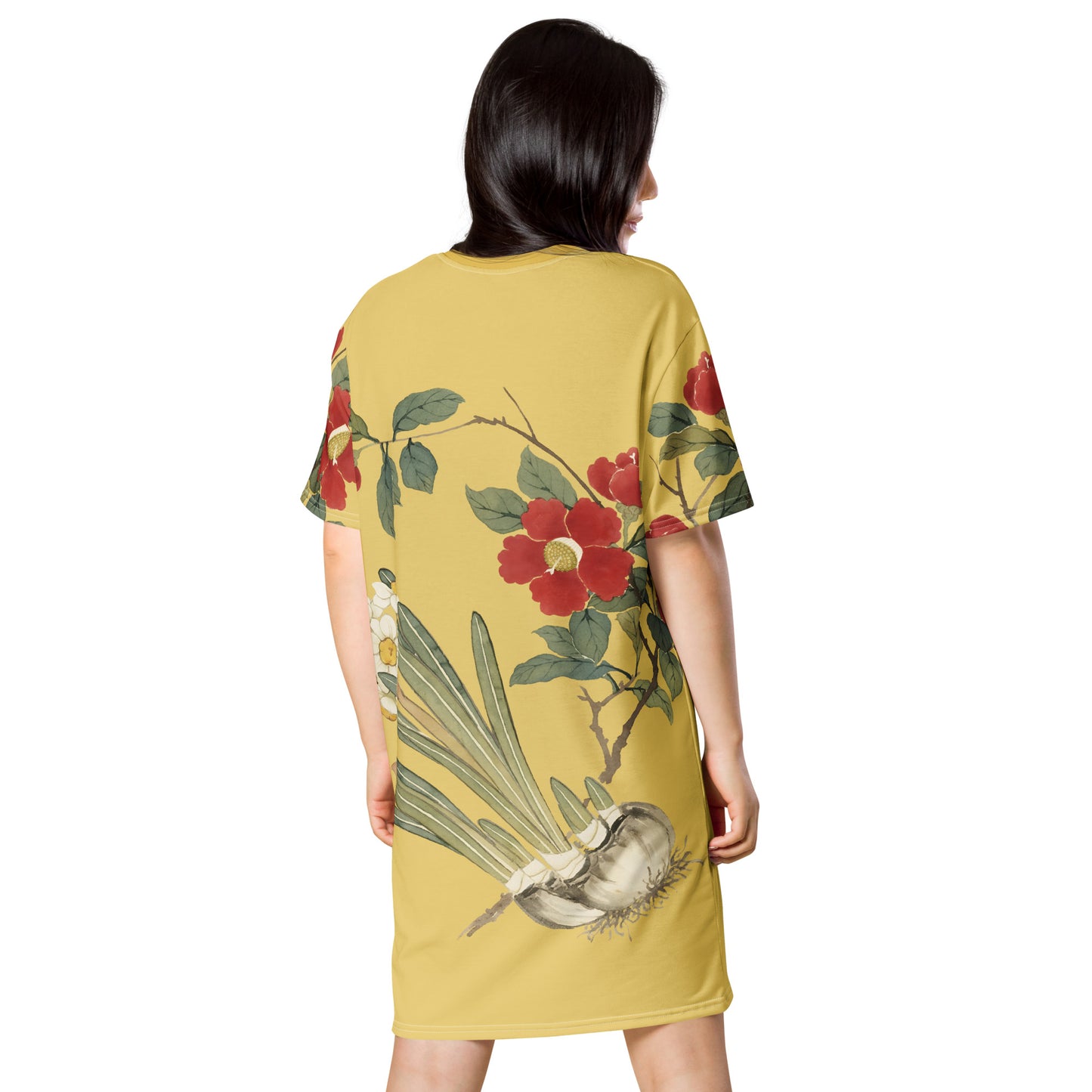 12月の花神様｜Narcissus and Camelia in Bloom｜Tシャツドレス｜ゴールド