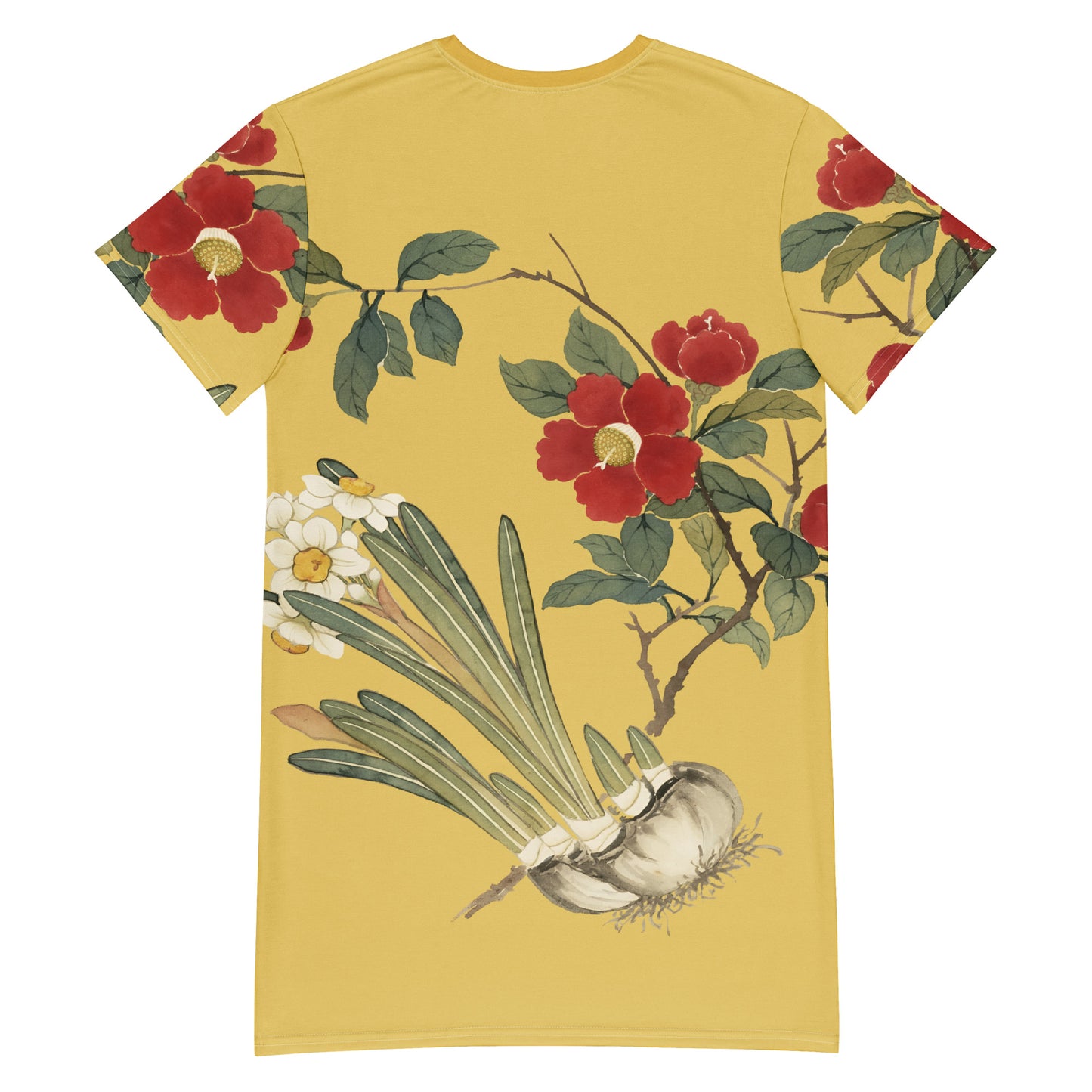 12月の花神様｜Narcissus and Camelia in Bloom｜Tシャツドレス｜ゴールド