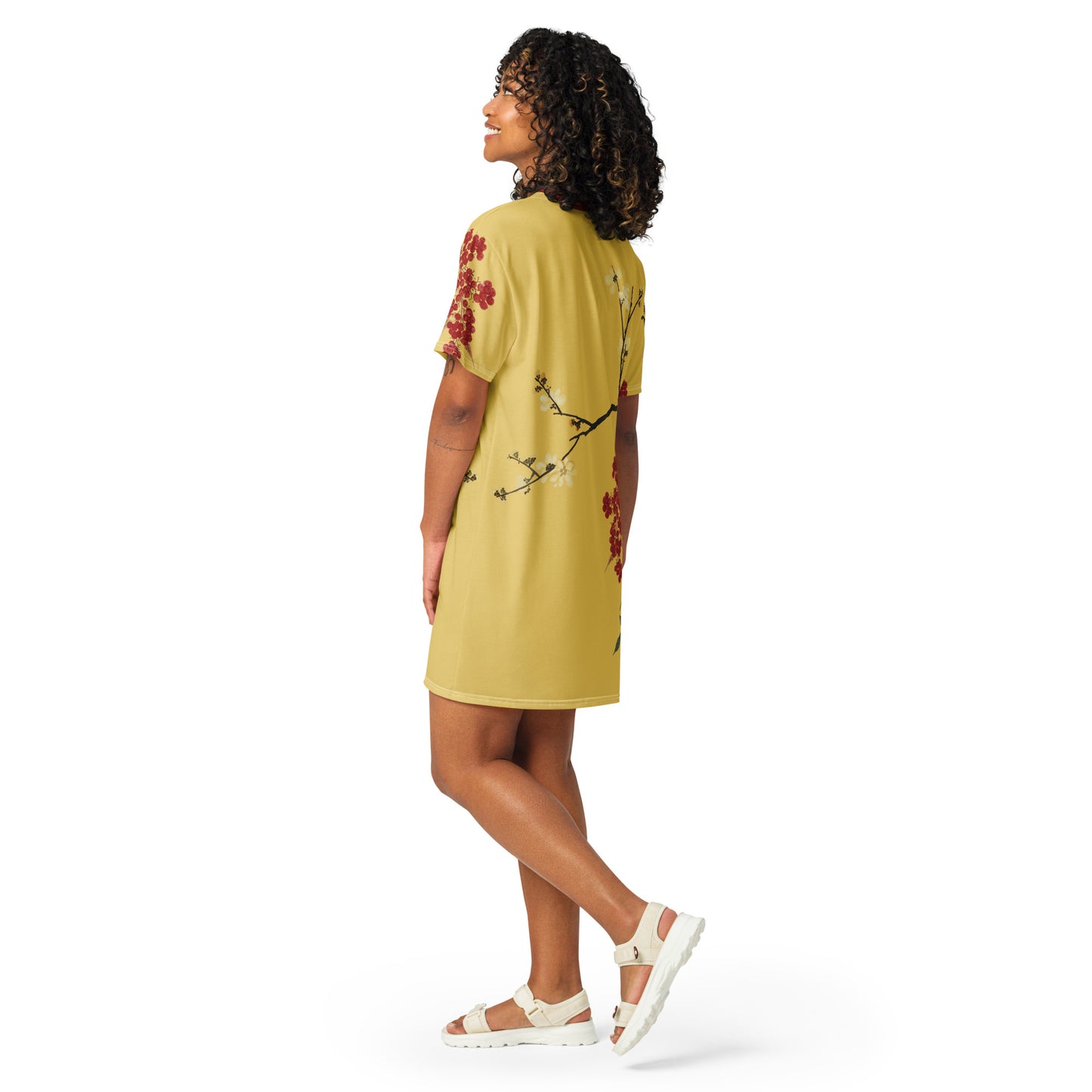 The Spirit of Flowers in Twelve Months｜Blooming Wintersweet and Heavenly Bamboo｜T-shirt dress｜Gold