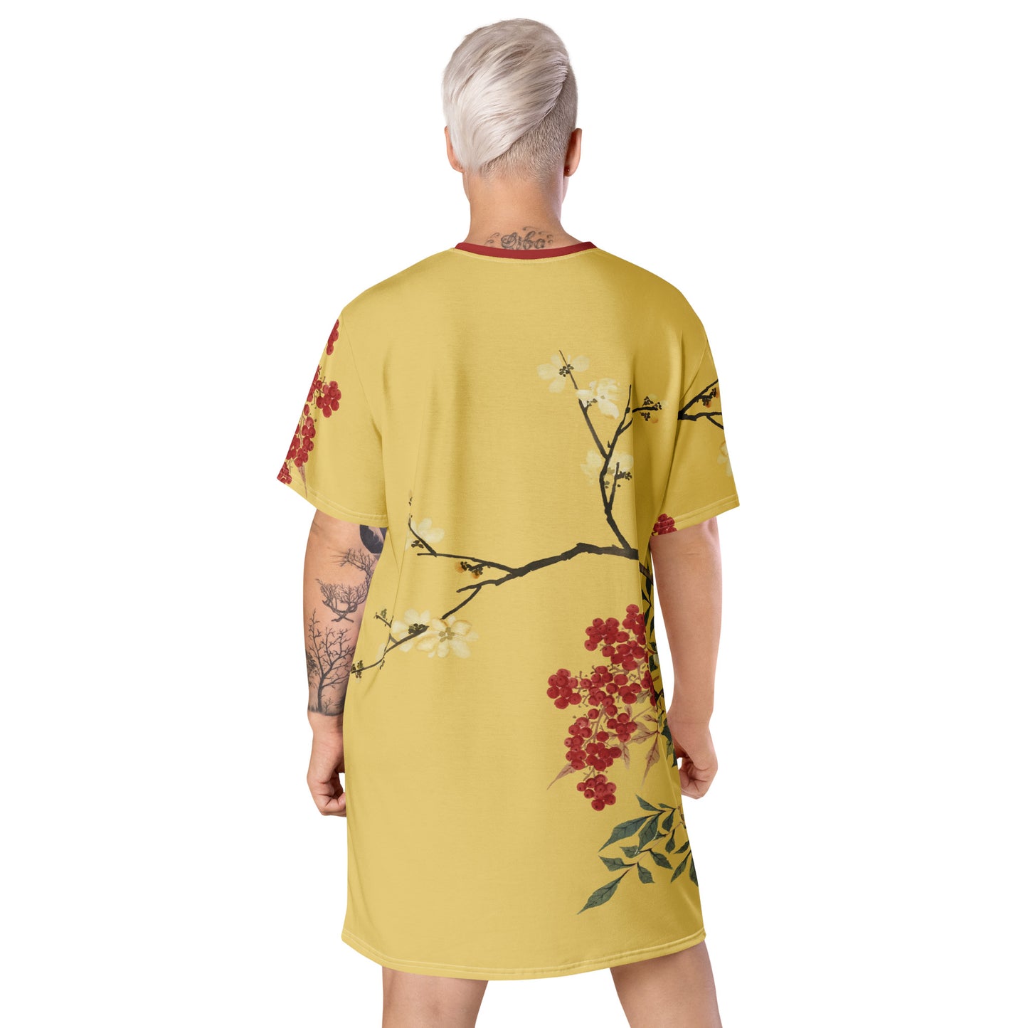 The Spirit of Flowers in Twelve Months｜Blooming Wintersweet and Heavenly Bamboo｜T-shirt dress｜Gold