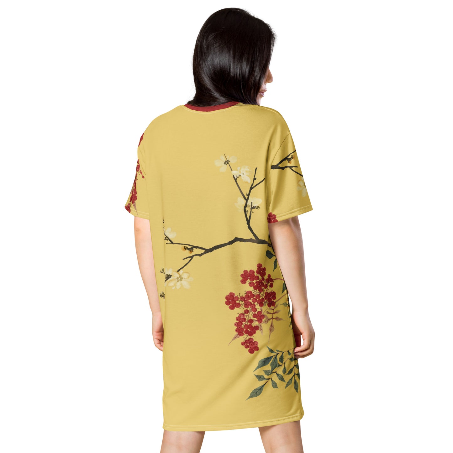 The Spirit of Flowers in Twelve Months｜Blooming Wintersweet and Heavenly Bamboo｜T-shirt dress｜Gold