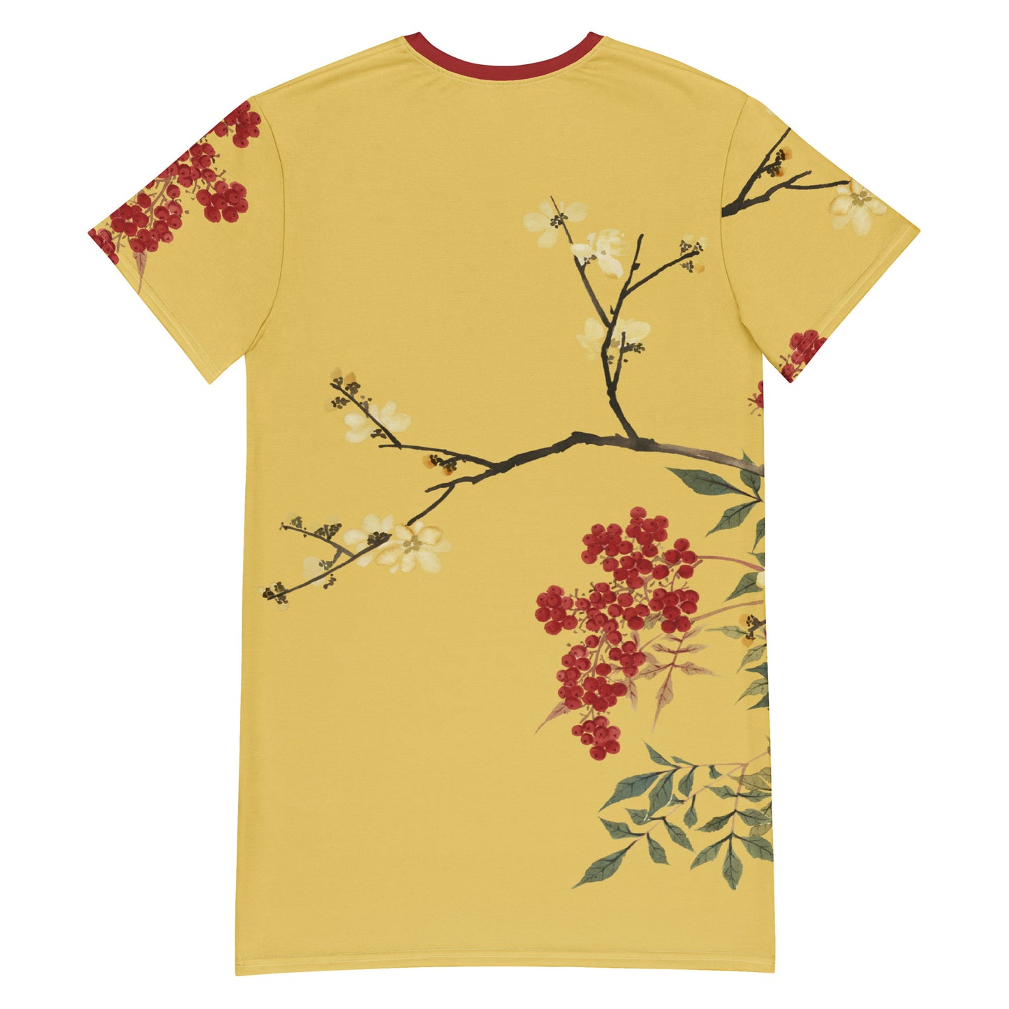 The Spirit of Flowers in Twelve Months｜Blooming Wintersweet and Heavenly Bamboo｜T-shirt dress｜Gold