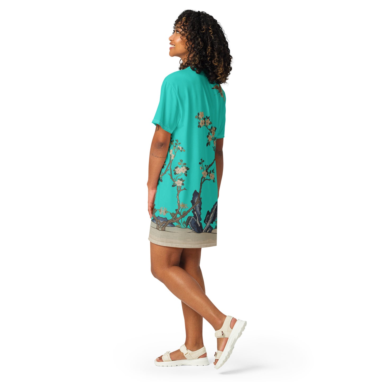 Kesi Flower Album｜White Plum Blossoms and Butterfly｜T-shirt dress｜Turquoise