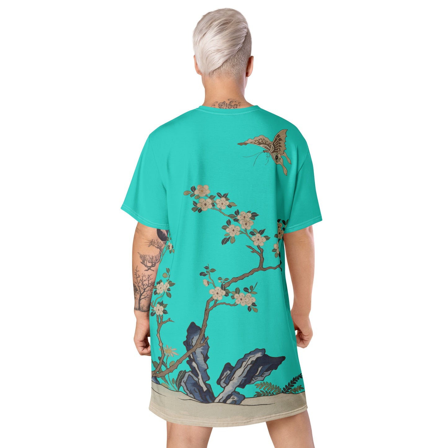 Kesi Flower Album｜White Plum Blossoms and Butterfly｜T-shirt dress｜Turquoise