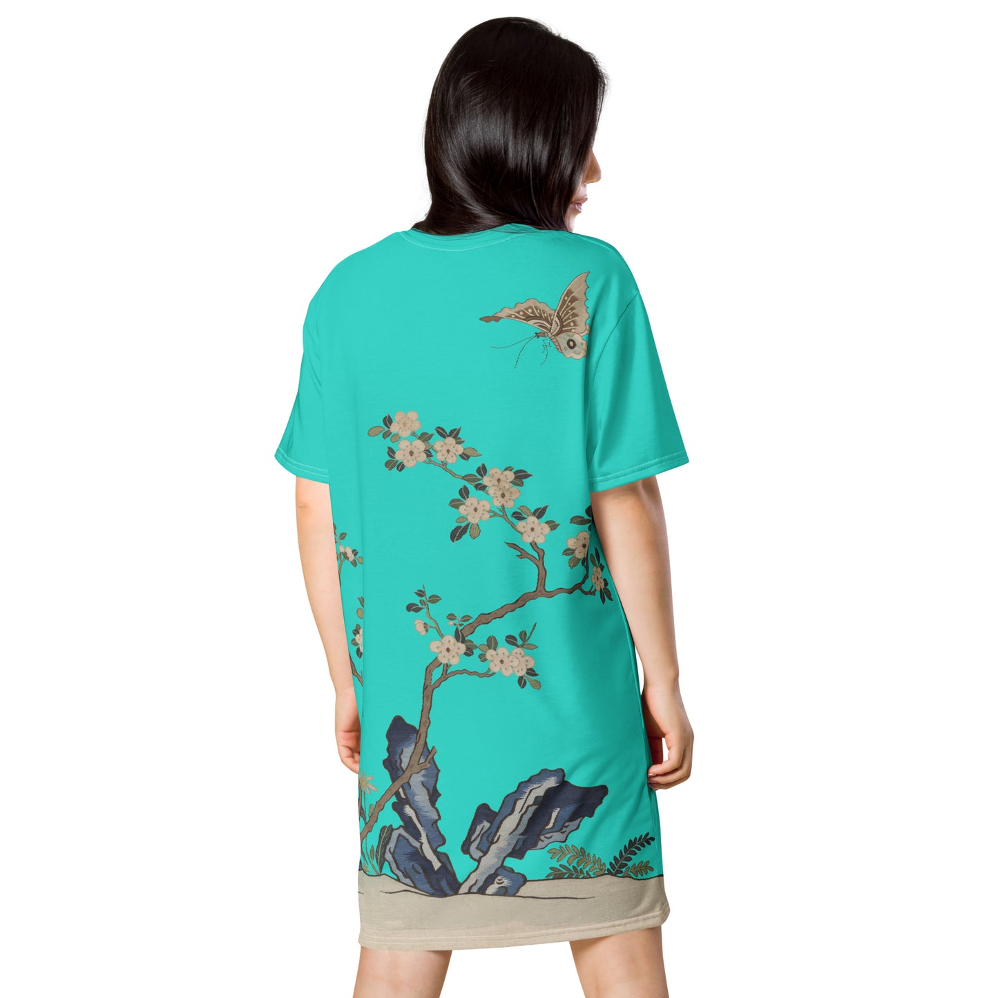 Kesi Flower Album｜White Plum Blossoms and Butterfly｜T-shirt dress｜Turquoise