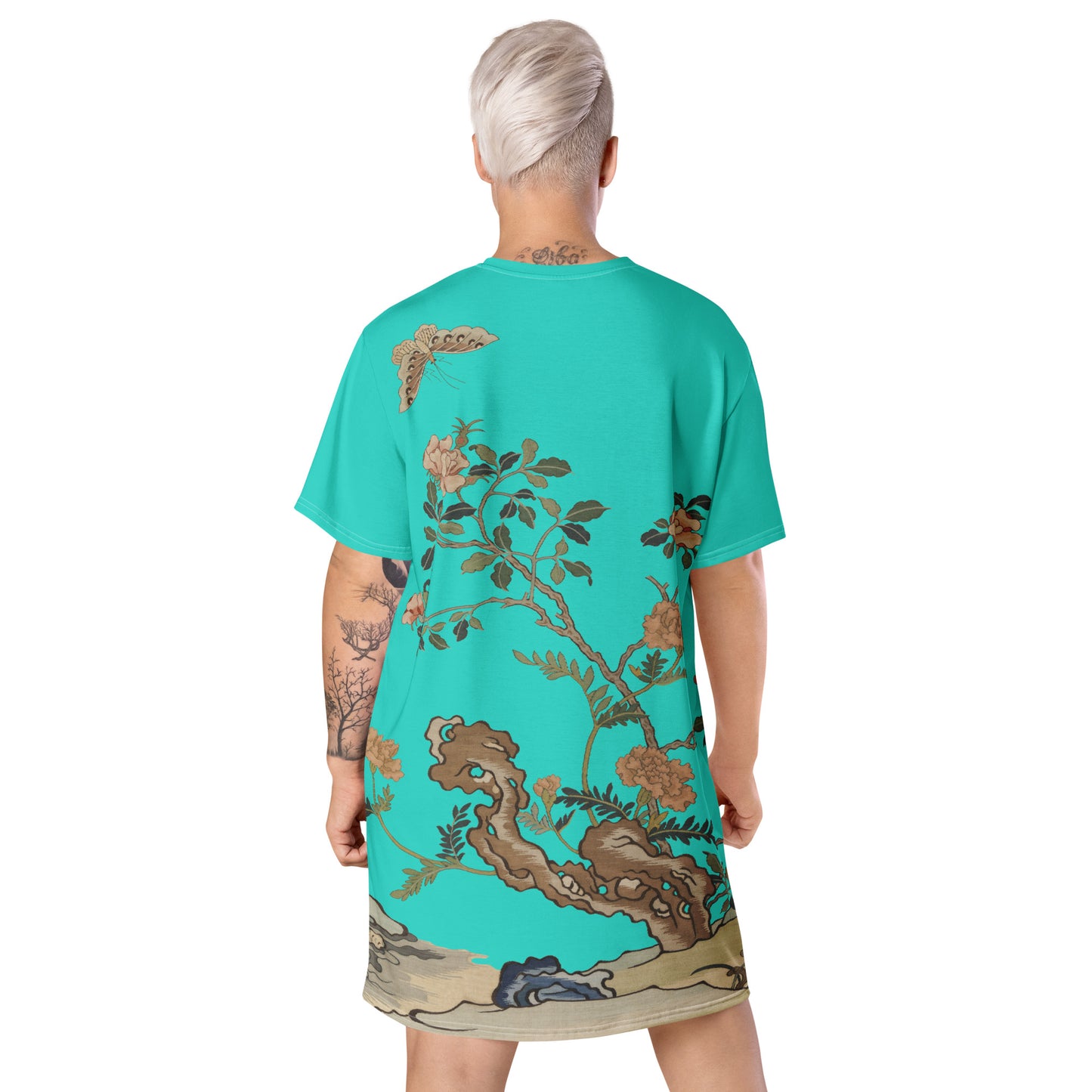 Kesi Flower Album｜Camellia and Butterfly｜T-shirt dress｜Turquoise