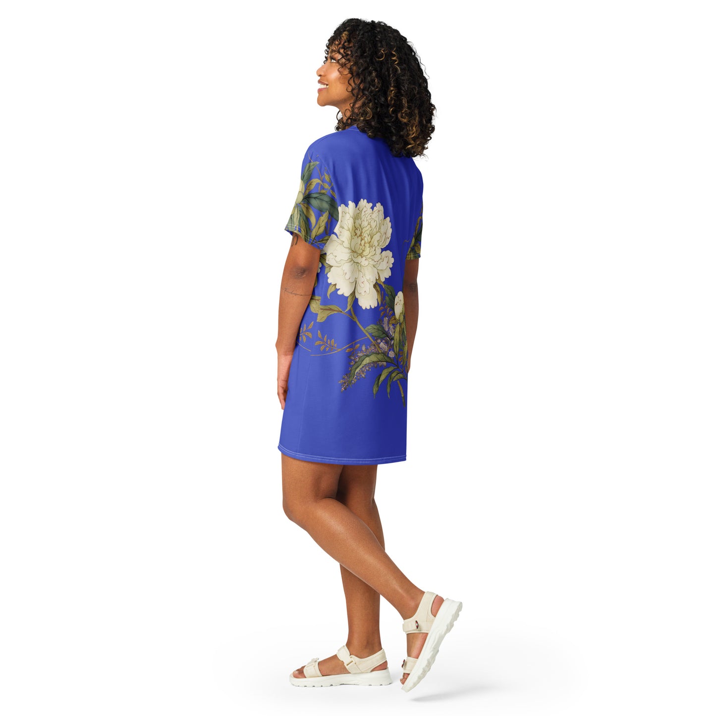 The Spirit of Flowers in Twelve Months｜Chinese Peony and Wisteria in Bloom｜T-shirt dress｜Royal blue