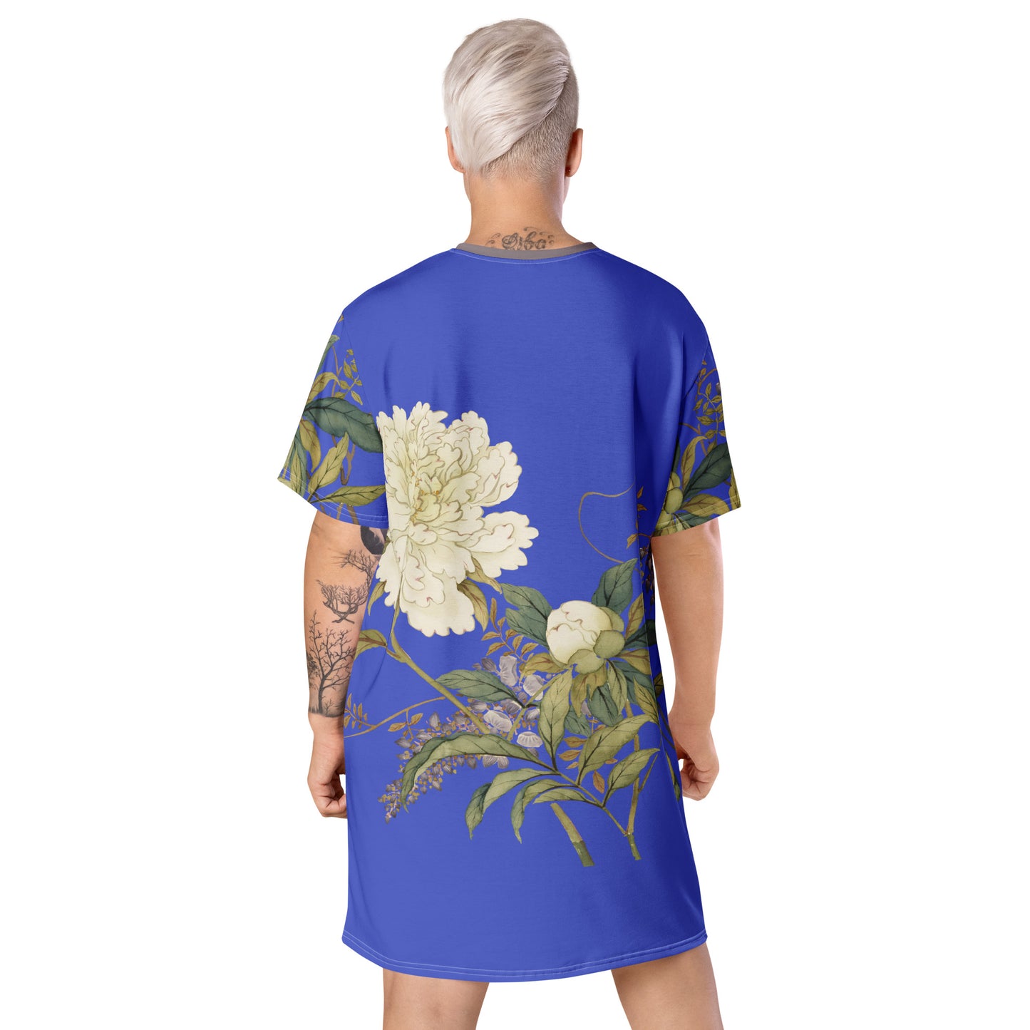 12月の花神様｜Chinese Peony and Wisteria in Bloom｜Tシャツドレス｜ロイヤルブルー