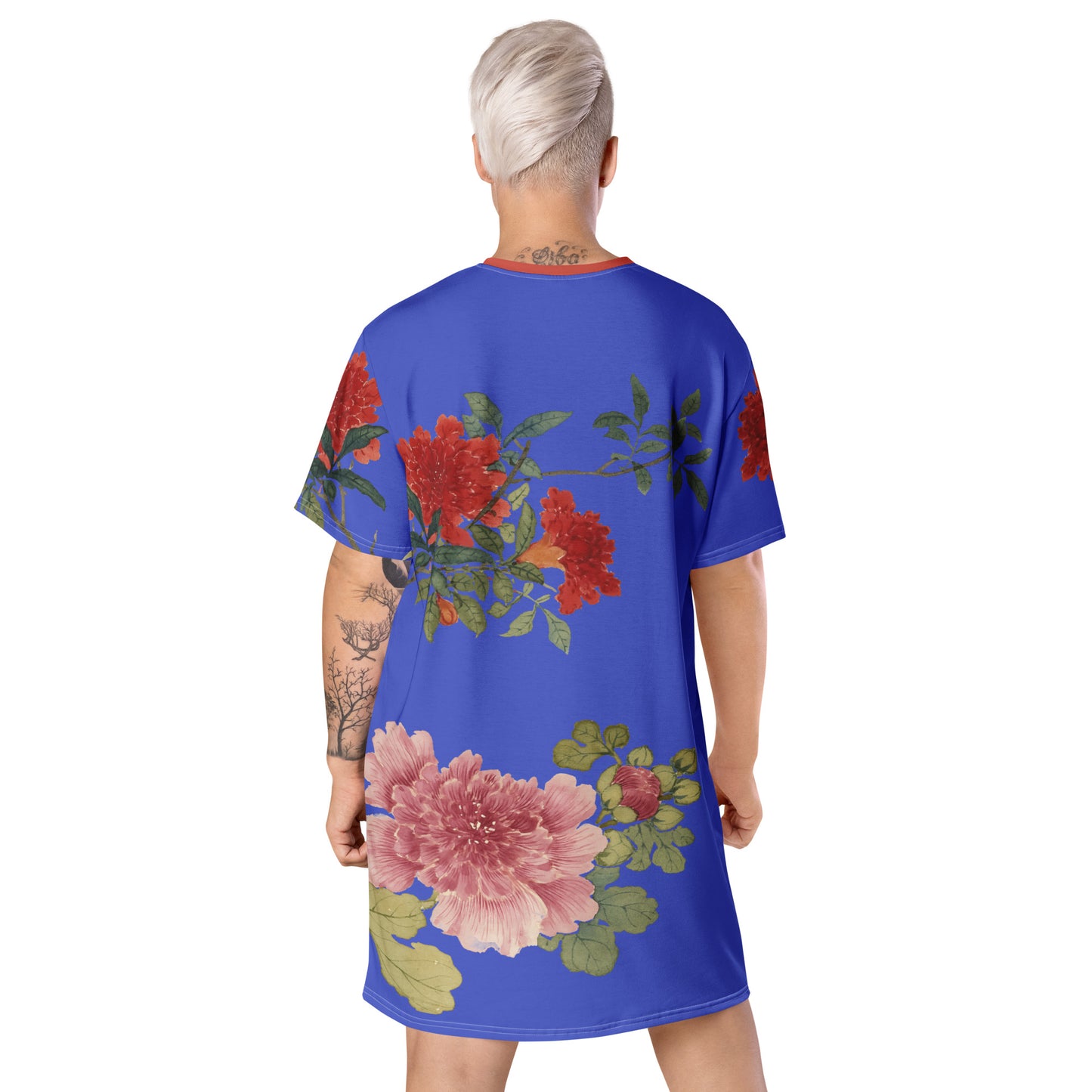 The Spirit of Flowers in Twelve Months｜Hollyhock and Pomegranate in Bloom｜T-shirt dress｜Royal blue