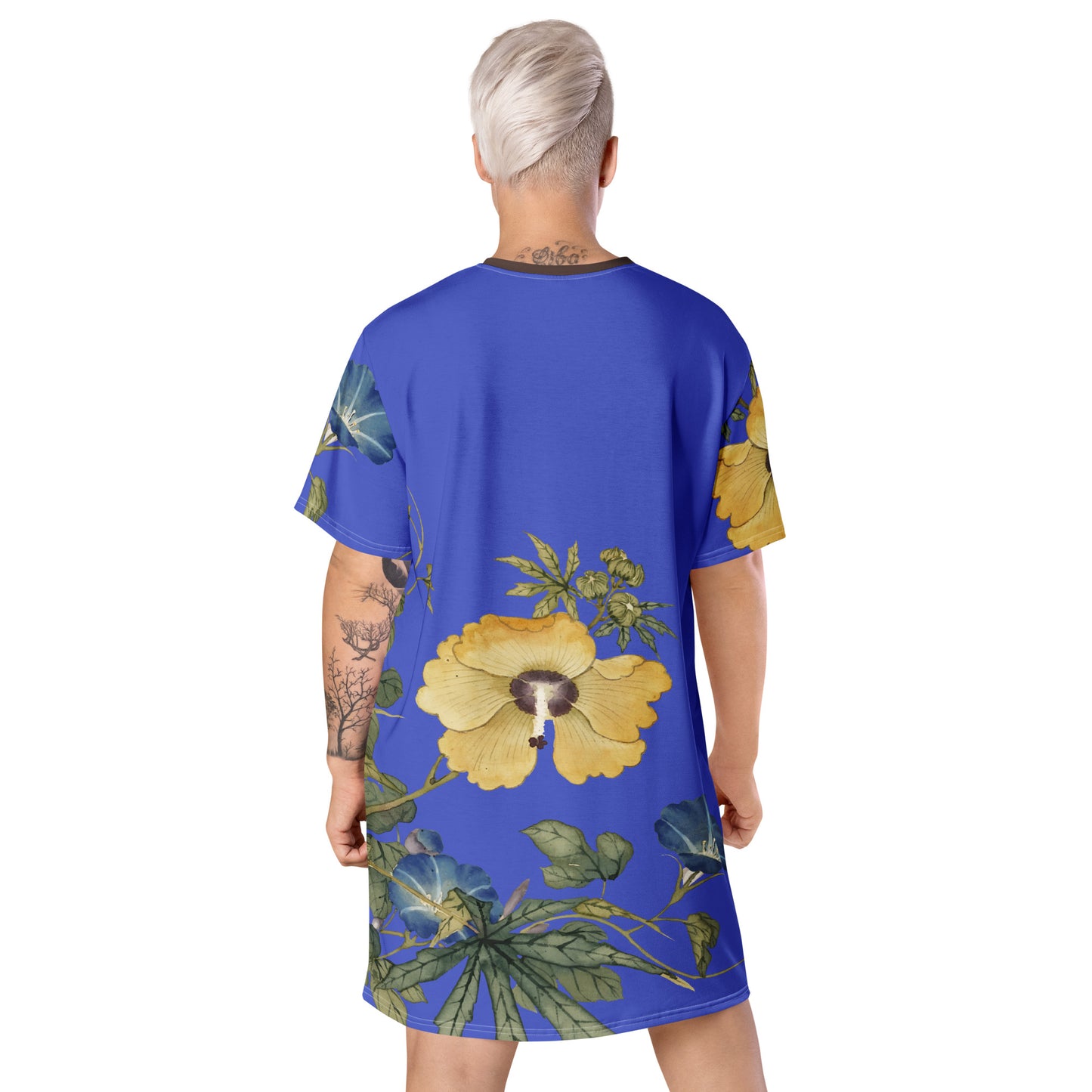 The Spirit of Flowers in Twelve Months｜Okra and White-edged Morning Glory in Bloom｜T-shirt dress｜Royal blue