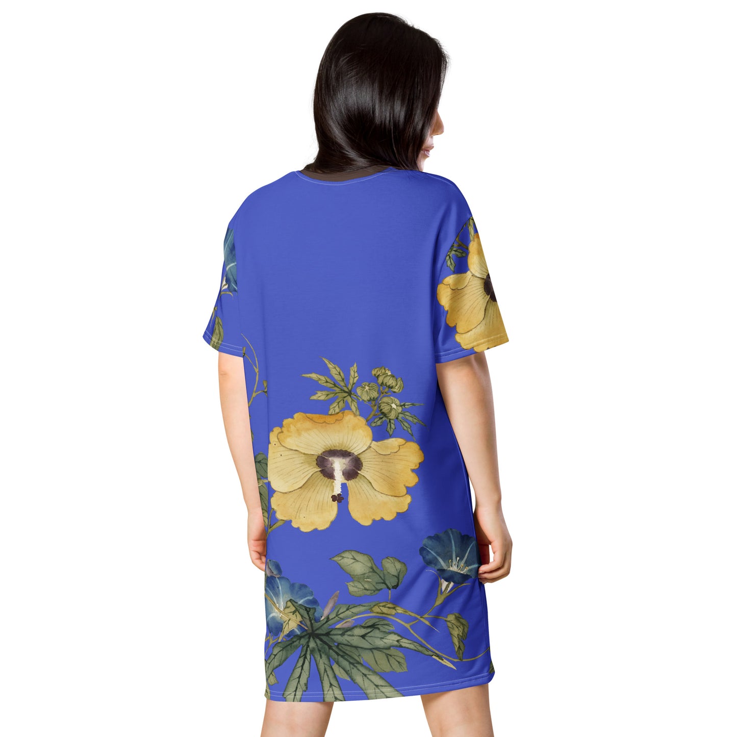 The Spirit of Flowers in Twelve Months｜Okra and White-edged Morning Glory in Bloom｜T-shirt dress｜Royal blue