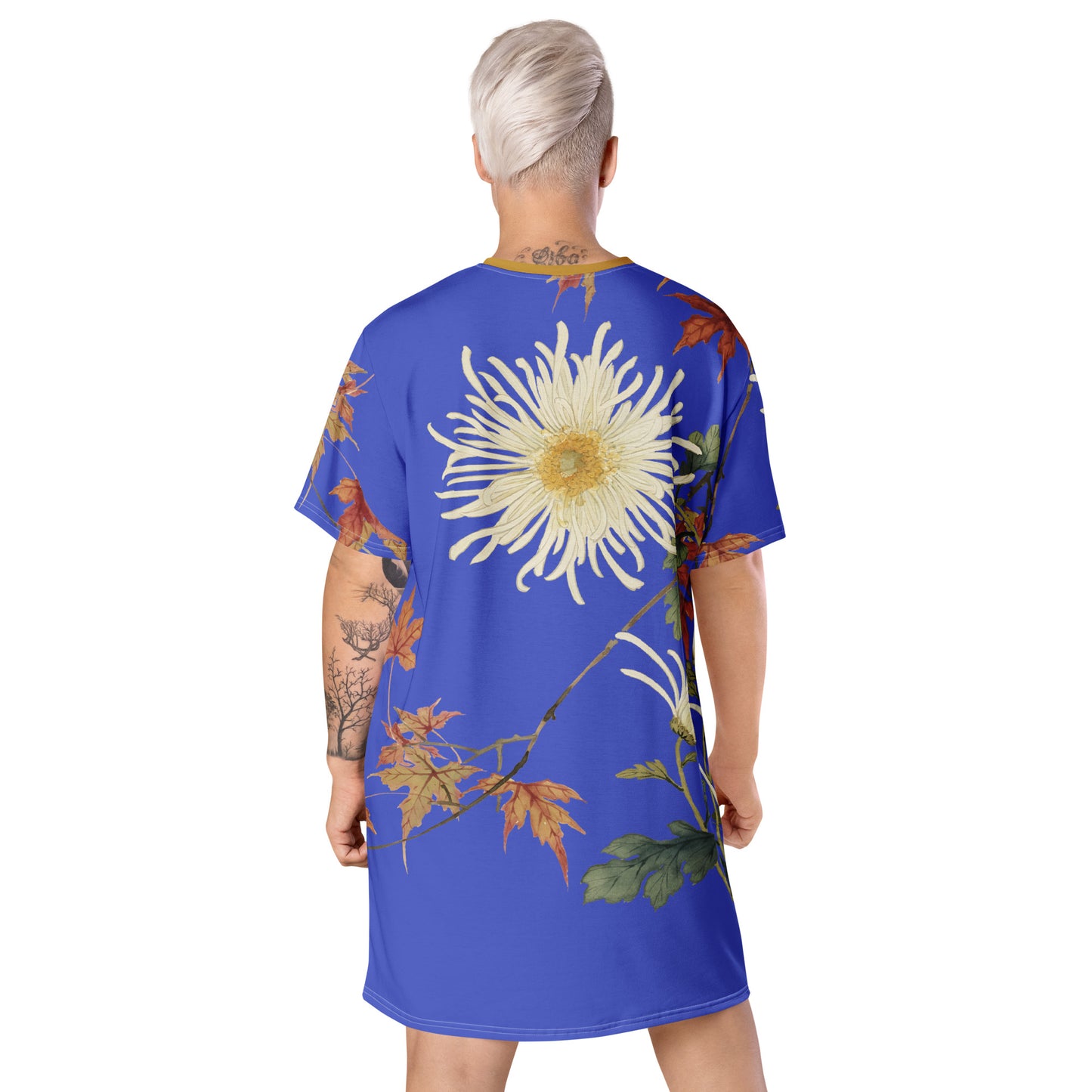 The Spirit of Flowers in Twelve Months｜Blooming Chrysanthemum and Maple Leaves｜T-shirt dress｜Royal blue