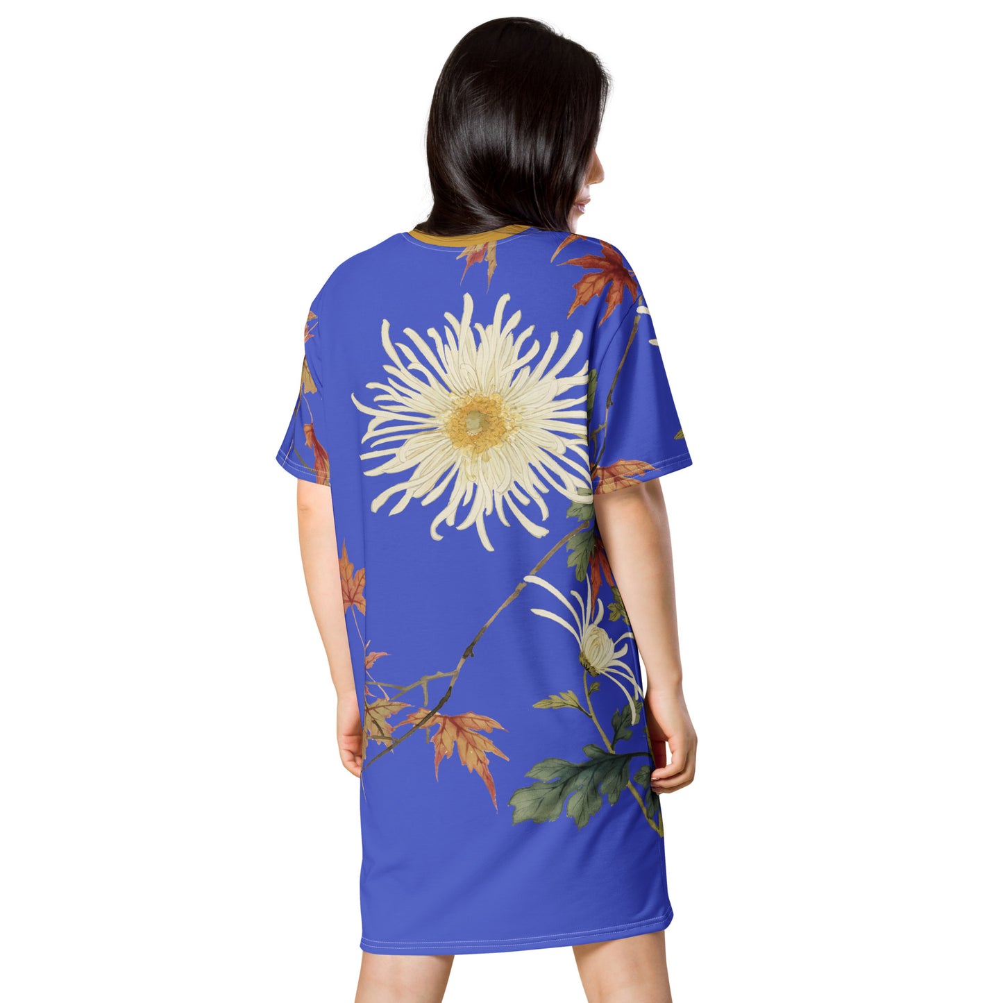 The Spirit of Flowers in Twelve Months｜Blooming Chrysanthemum and Maple Leaves｜T-shirt dress｜Royal blue