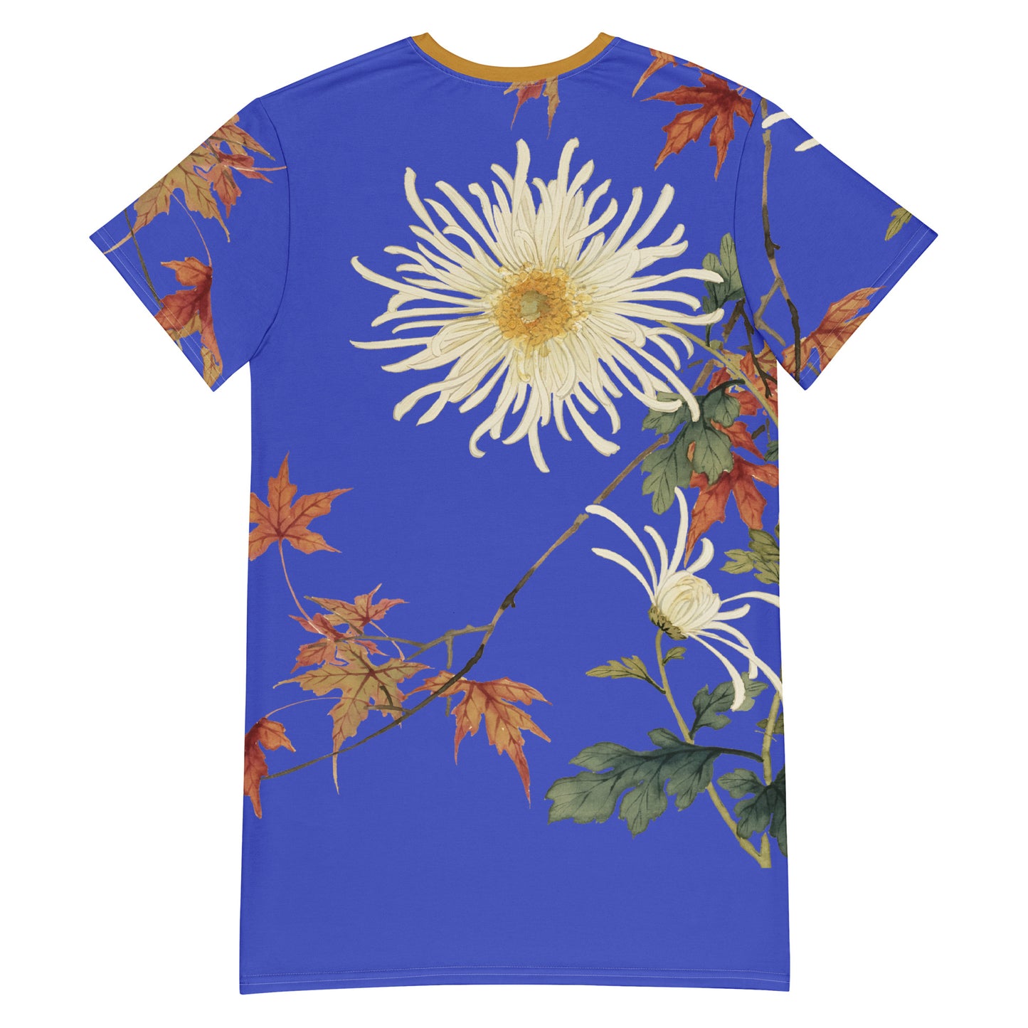 The Spirit of Flowers in Twelve Months｜Blooming Chrysanthemum and Maple Leaves｜T-shirt dress｜Royal blue