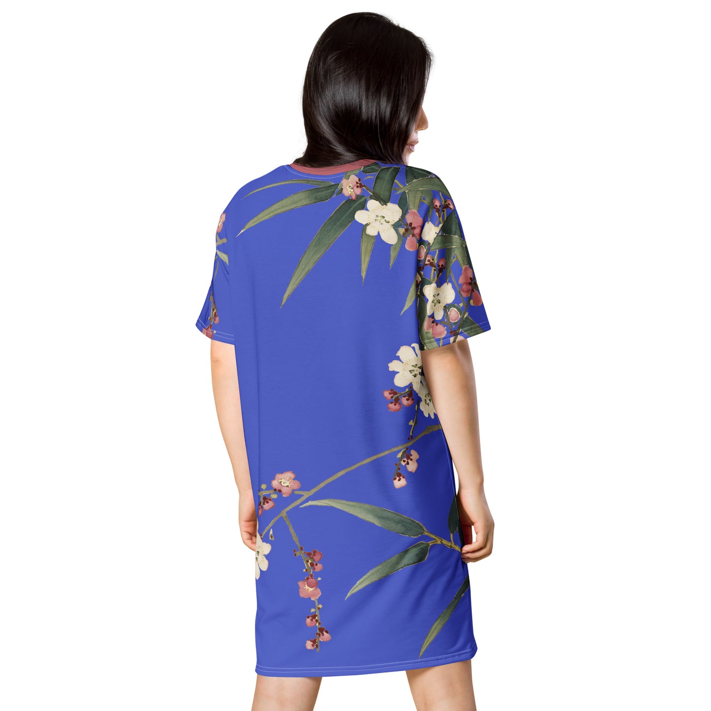 The Spirit of Flowers in Twelve Months｜Crimson Plum Blossom and Lush Green Bamboo｜T-shirt dress｜Royal blue