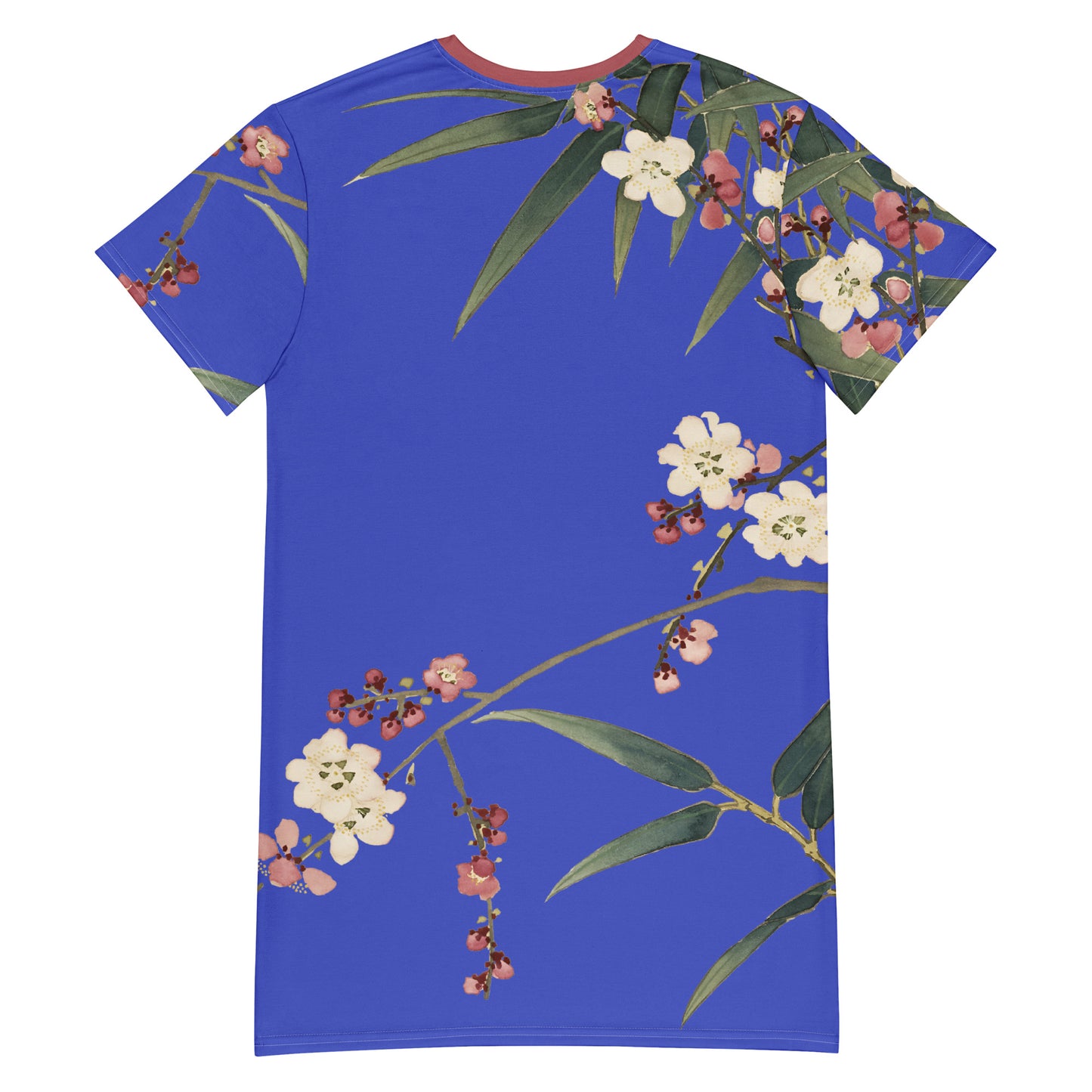 The Spirit of Flowers in Twelve Months｜Crimson Plum Blossom and Lush Green Bamboo｜T-shirt dress｜Royal blue