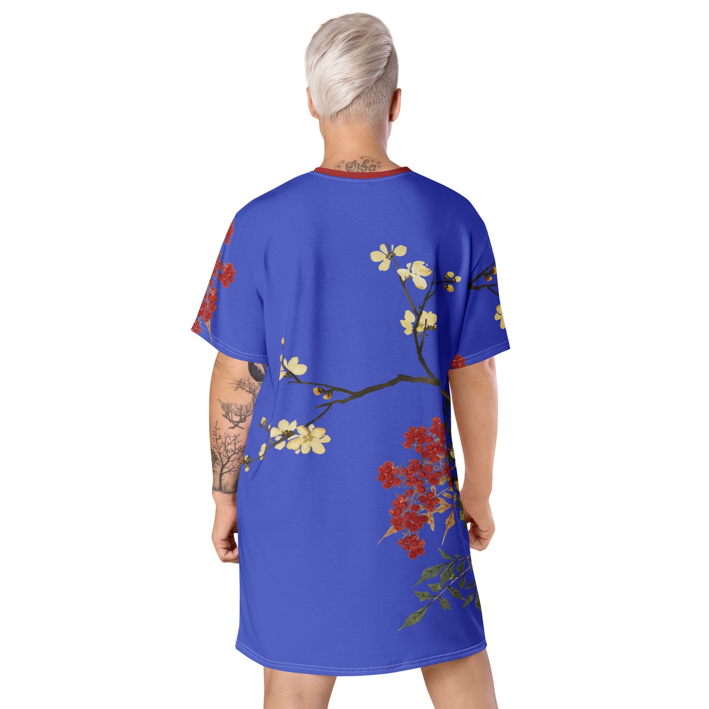 The Spirit of Flowers in Twelve Months｜Blooming Wintersweet and Heavenly Bamboo｜T-shirt dress｜Royal blue