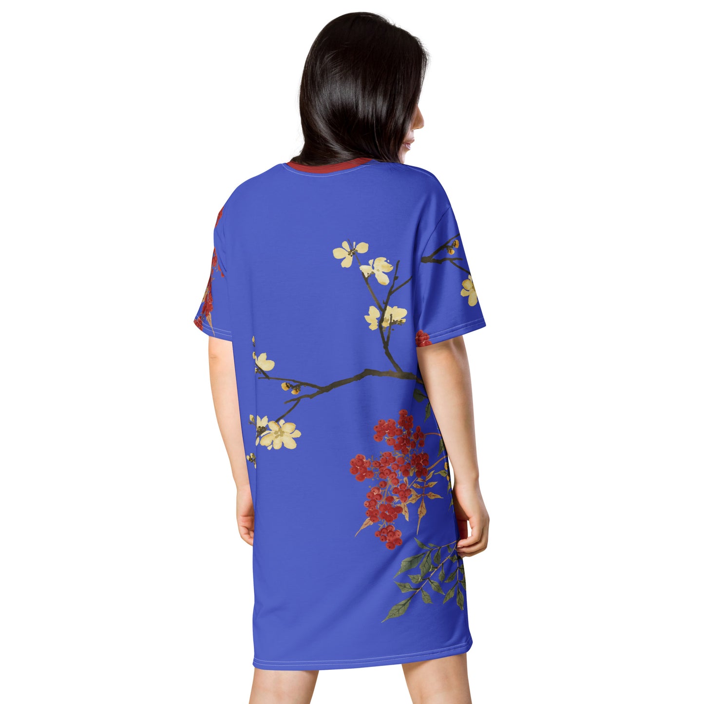 The Spirit of Flowers in Twelve Months｜Blooming Wintersweet and Heavenly Bamboo｜T-shirt dress｜Royal blue